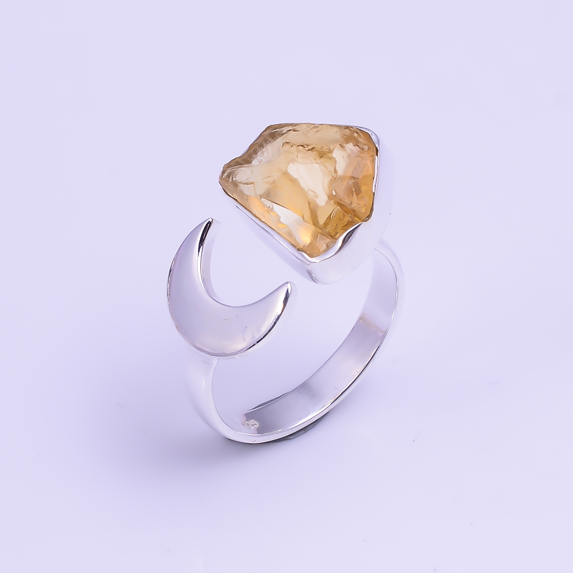 Citrine Raw Gemstone 925 Sterling Silver Moon Ring Size US 85 Adjustable
