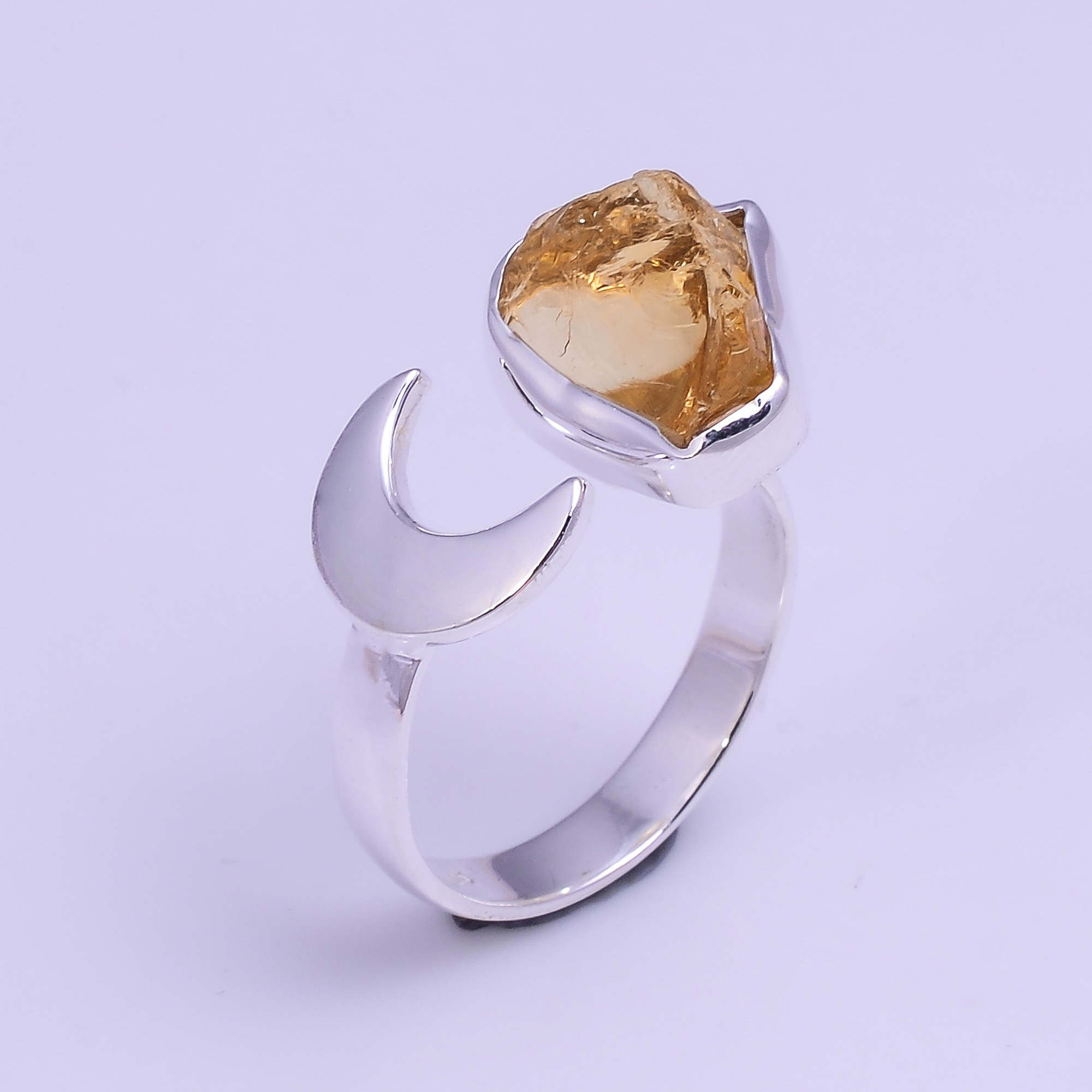 Citrine Raw Gemstone 925 Sterling Silver Moon Ring Size US 85 Adjustable