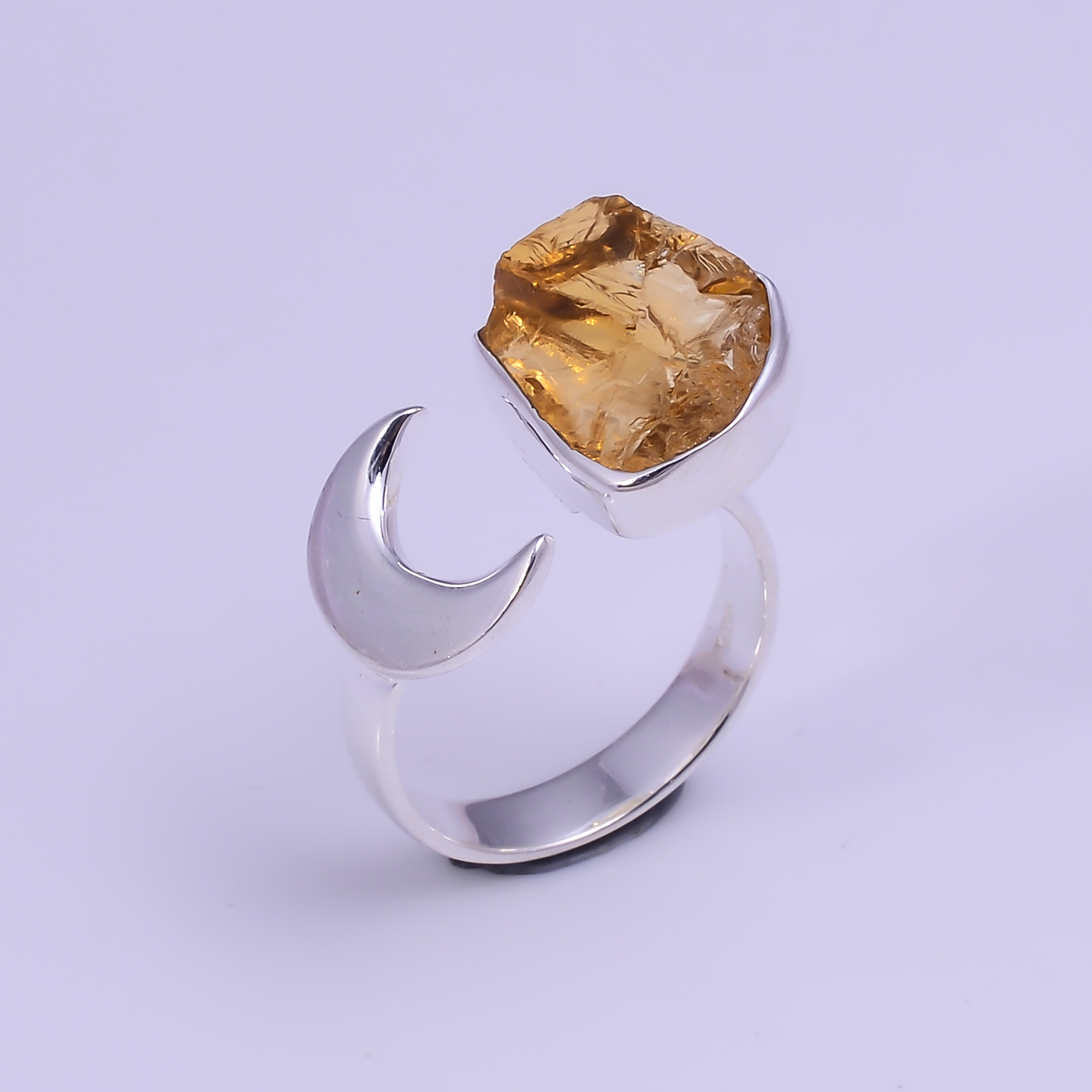 Citrine Raw Gemstone 925 Sterling Silver Moon Ring Size US 85 Adjustable