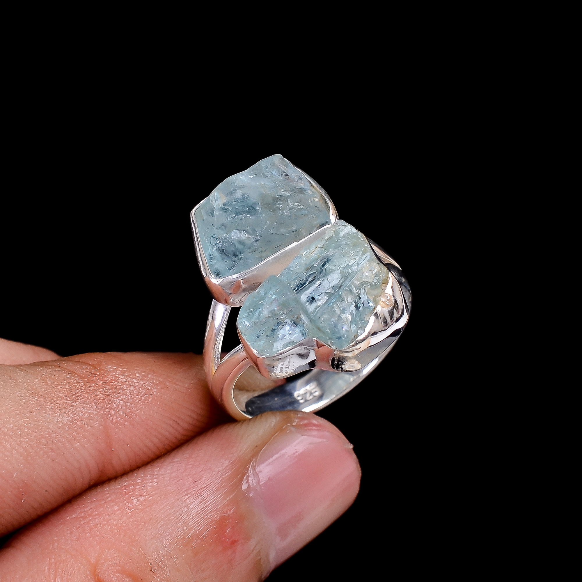 Natural Aquamarine Raw Gemstone 925 Sterling Silver Ring