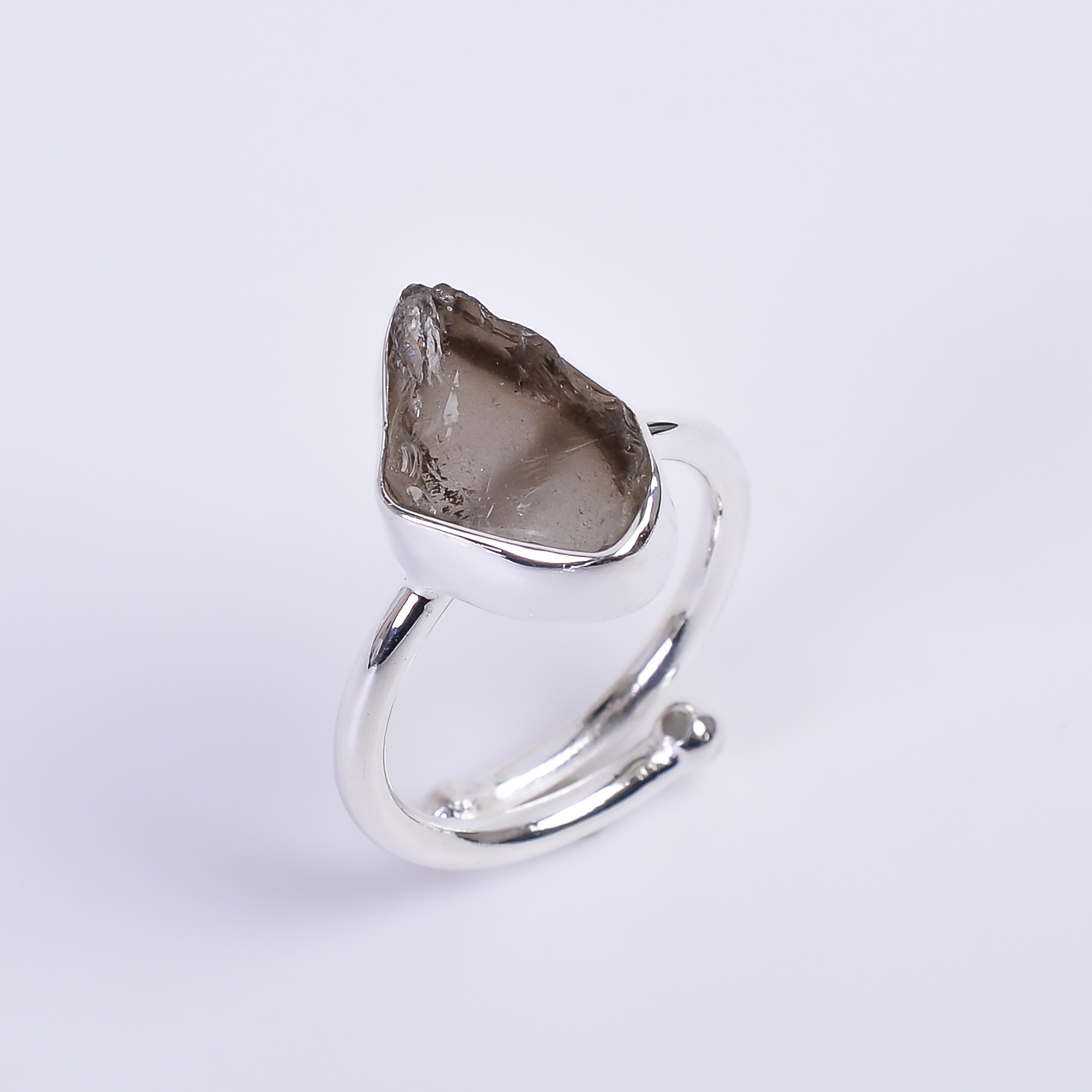 Natural Smoky Raw Gemstone 925 Sterling Silver Ring Adjustable