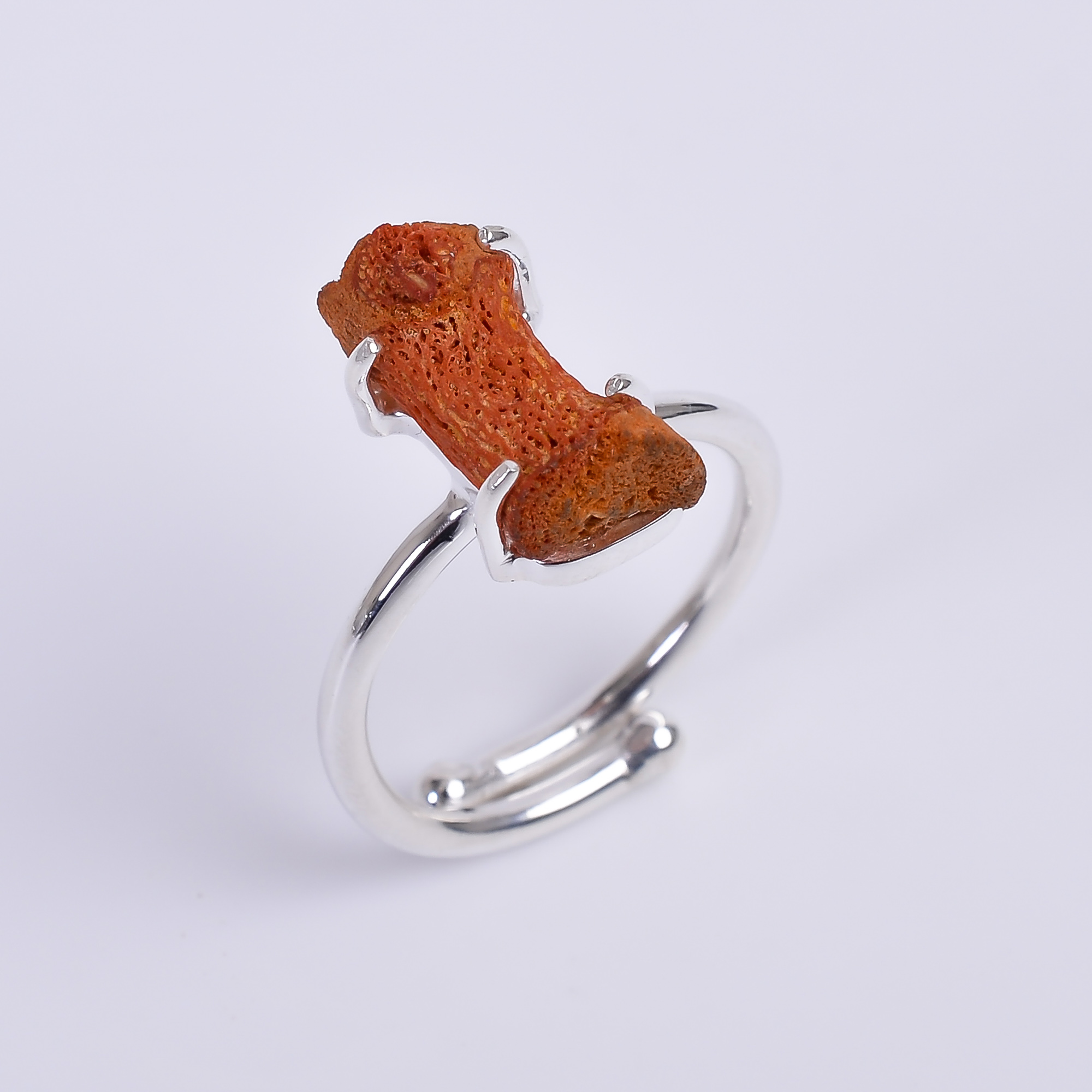 Natural Coral Raw Gemstone 925 Sterling Silver Adjustable Ring