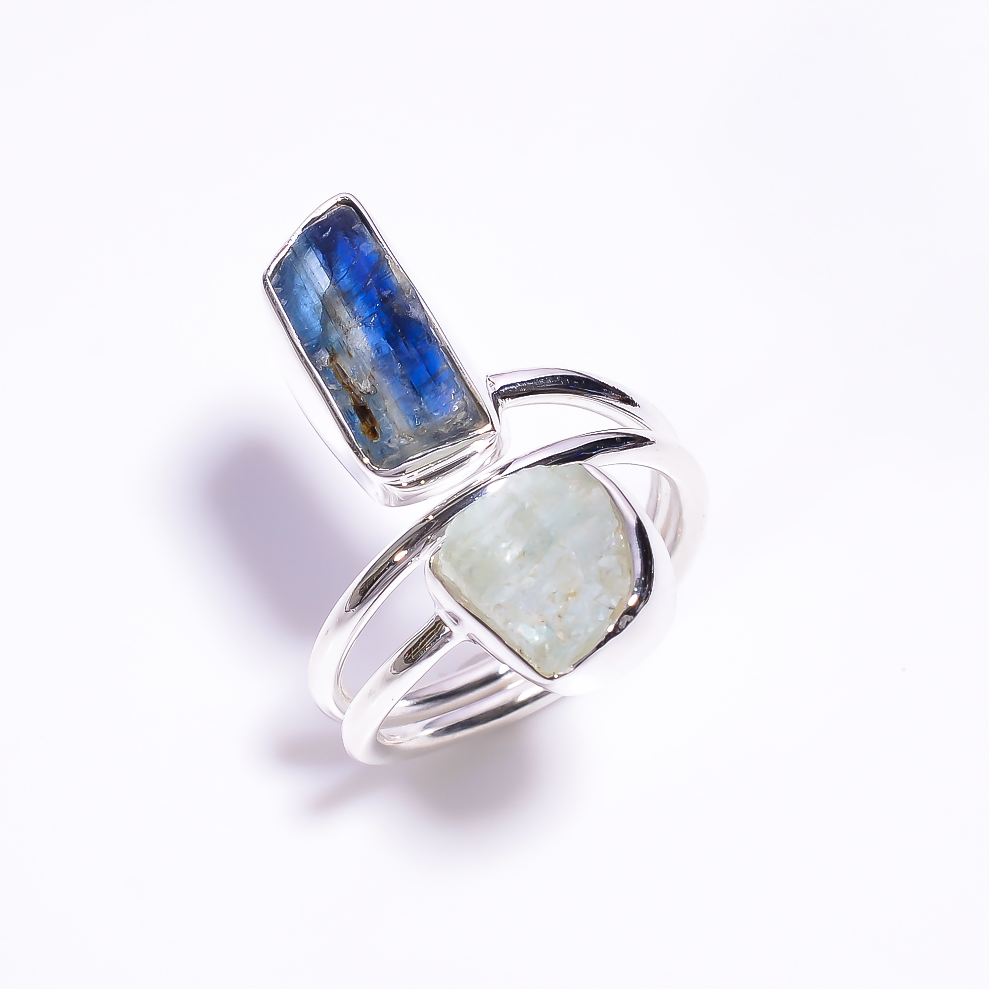 Natural Blue Kyanite Aquamarine Raw Gemstone 925 Sterling Silver Ring