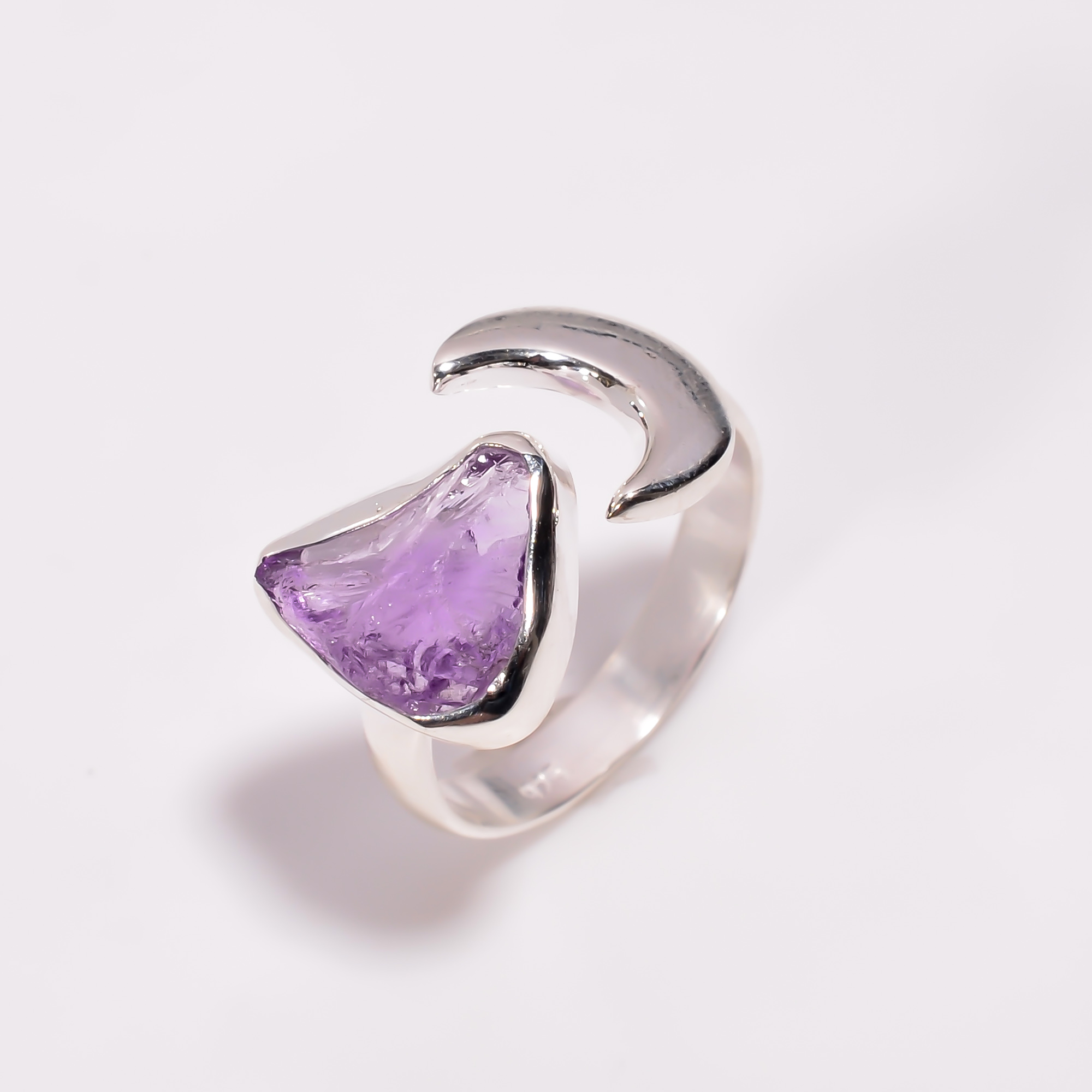 925 Sterling Silver Moon Ring Size US 8 Adjusatble Natural Raw Amethyst Gemstone