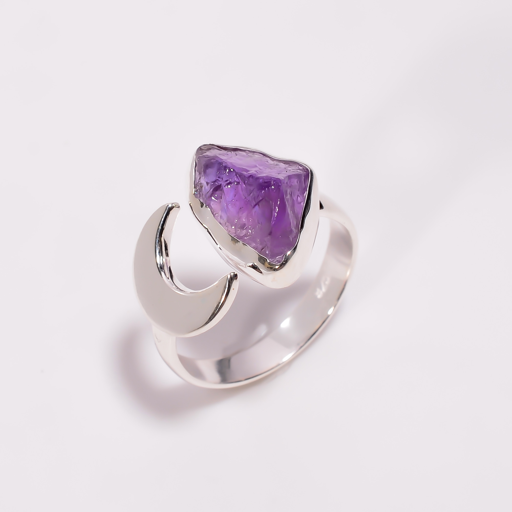 925 Sterling Silver Moon Ring Size US 8 Adjusatble Natural Raw Amethyst Gemstone