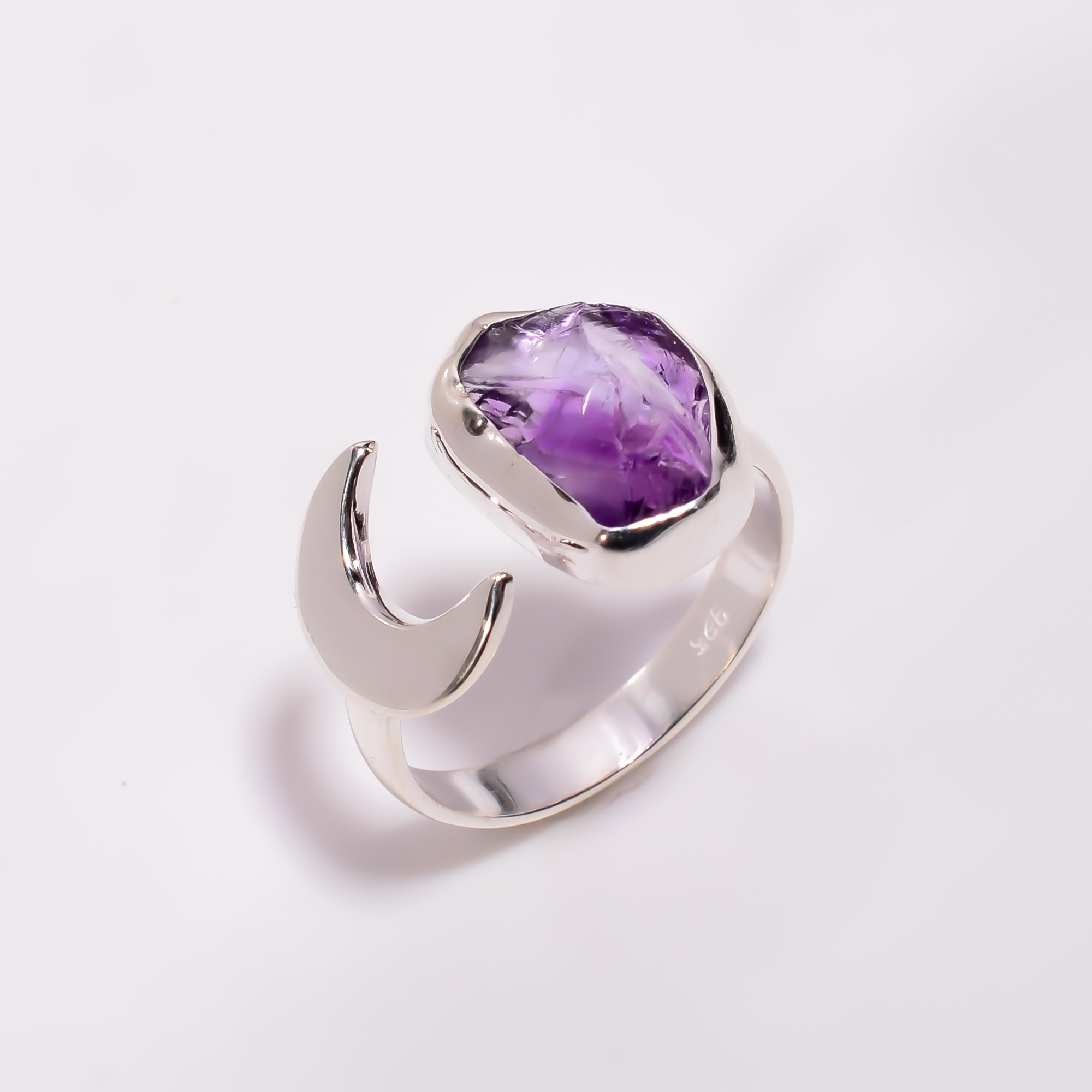 925 Sterling Silver Moon Ring Size US 8 Adjusatble Natural Raw Amethyst Gemstone