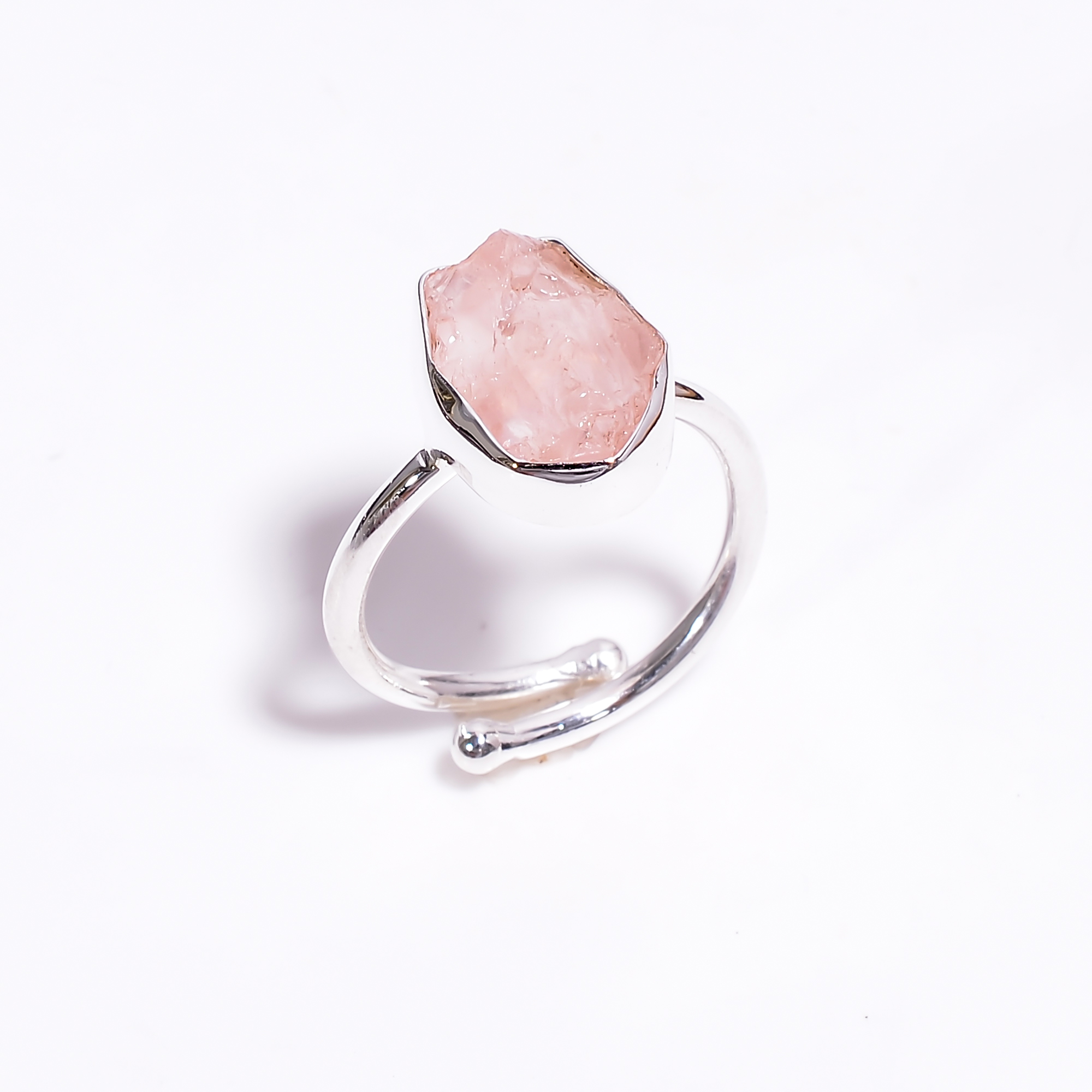 925 Sterling Silver Adjustable Ring Natural Raw Rose Quartz Gemstone Ring Size US 9