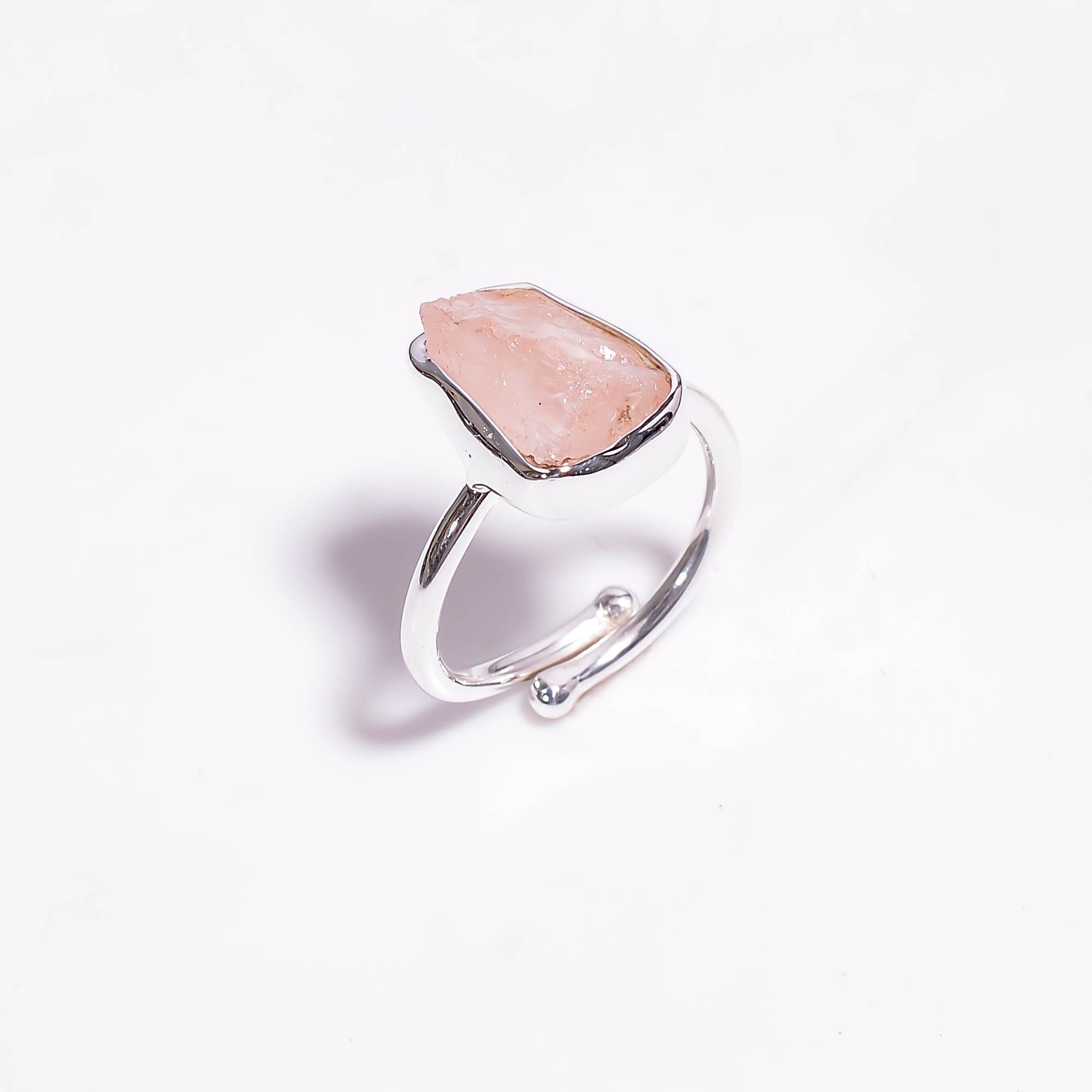 925 Sterling Silver Adjustable Ring Natural Raw Rose Quartz Gemstone Ring Size US 9