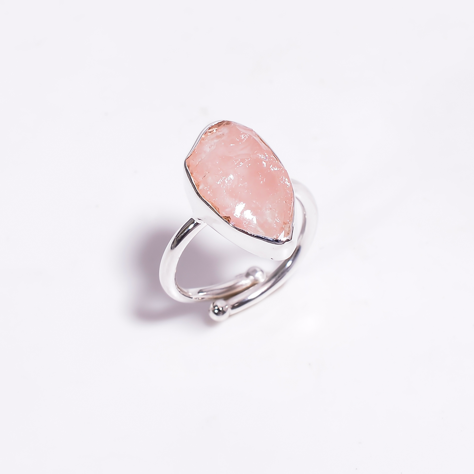 925 Sterling Silver Adjustable Ring Natural Raw Rose Quartz Gemstone Ring Size US 9