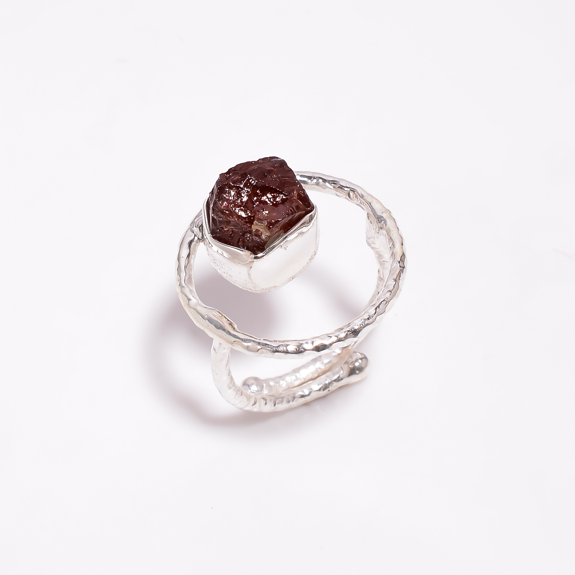 Garnet Raw Gemstone 925 Sterling Silver Hammered Ring