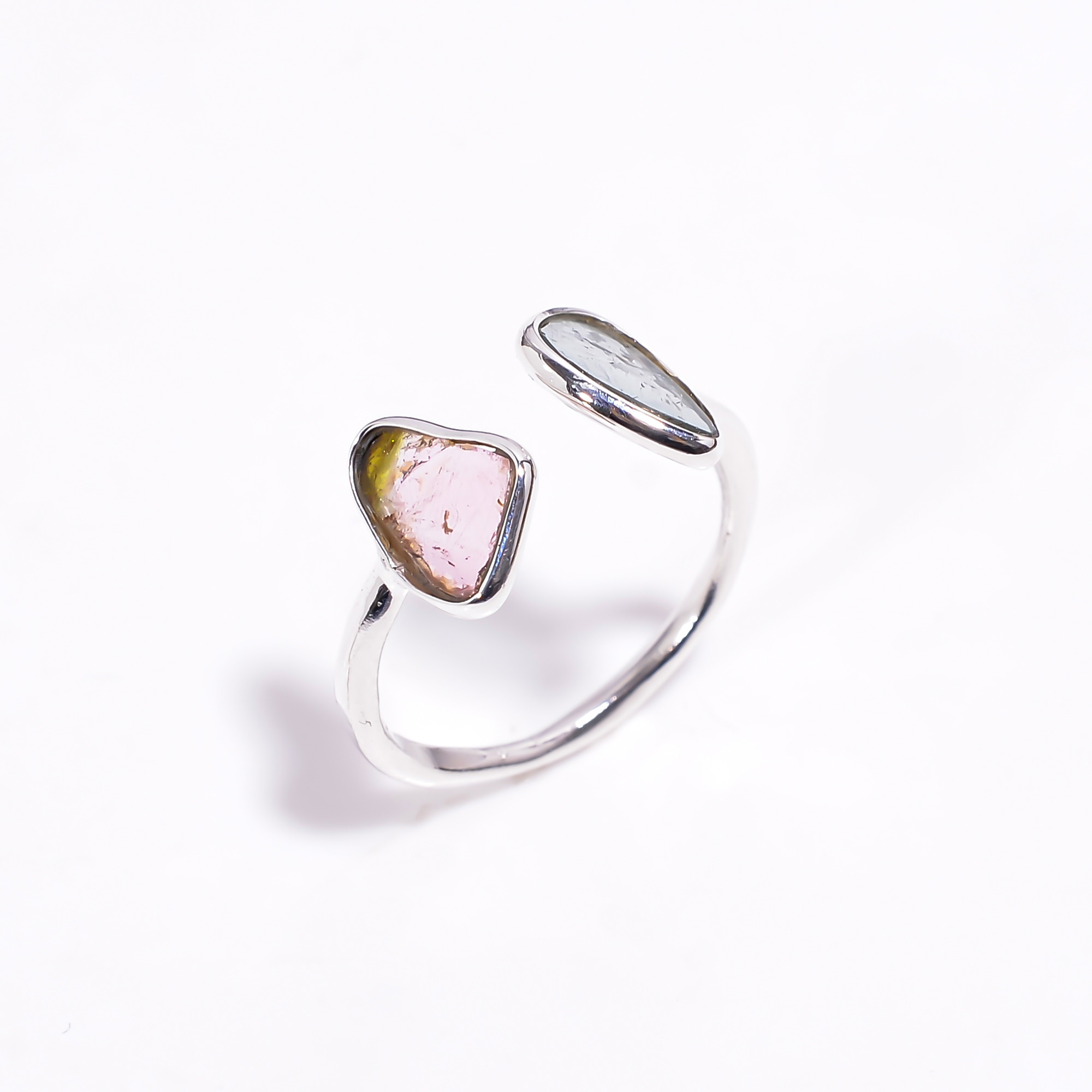 Watermelon Tourmaline Natural Gemstone 925 Sterling Silver Ring Size US 55 Adjustable