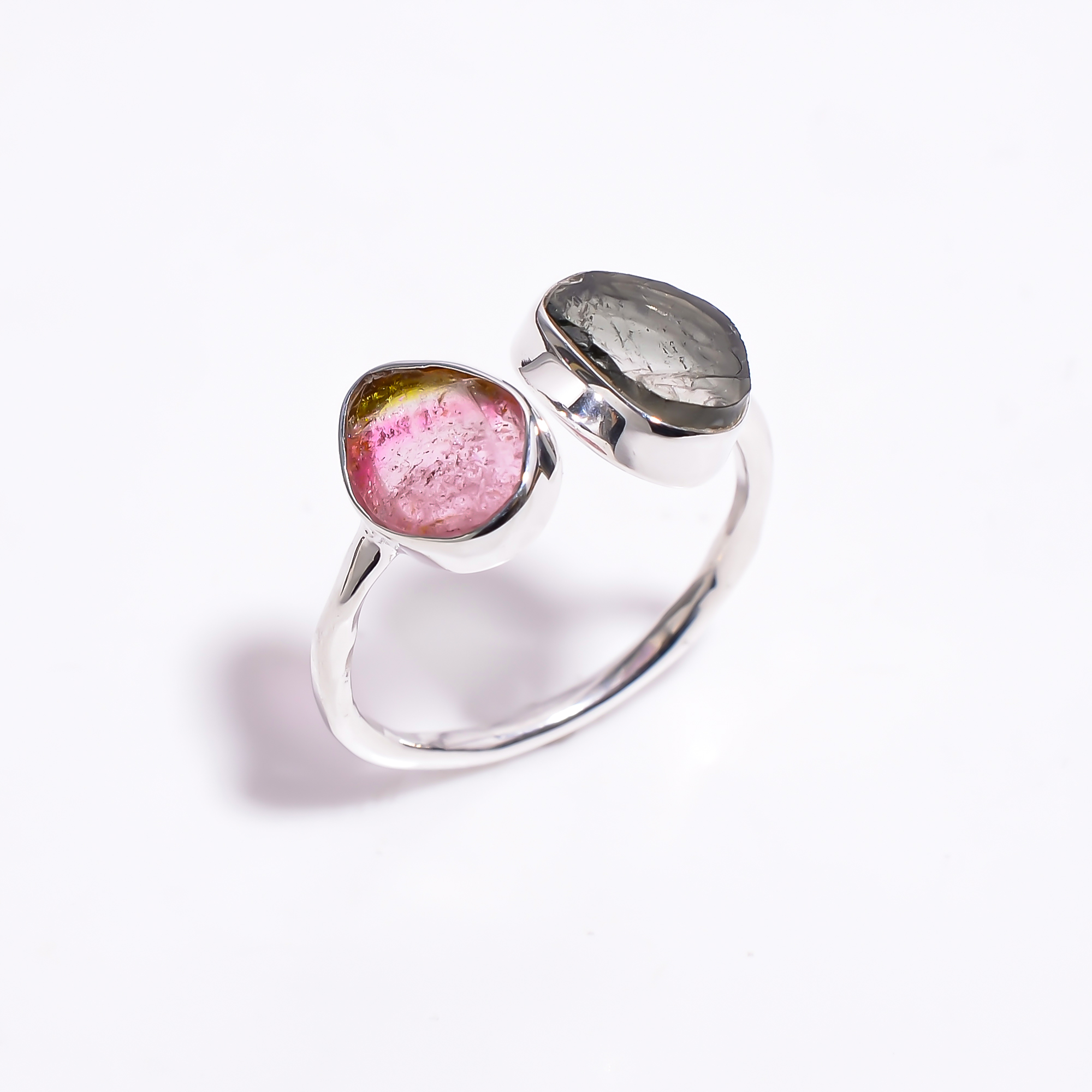 Watermelon Tourmaline Natural Gemstone 925 Sterling Silver Ring Size US 8 Adjustable