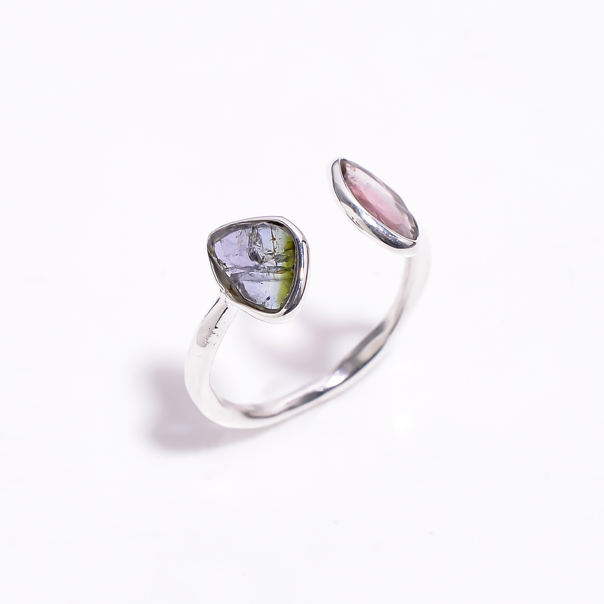 Watermelon Tourmaline Natural Gemstone 925 Sterling Silver Ring Size US 55 Adjustable