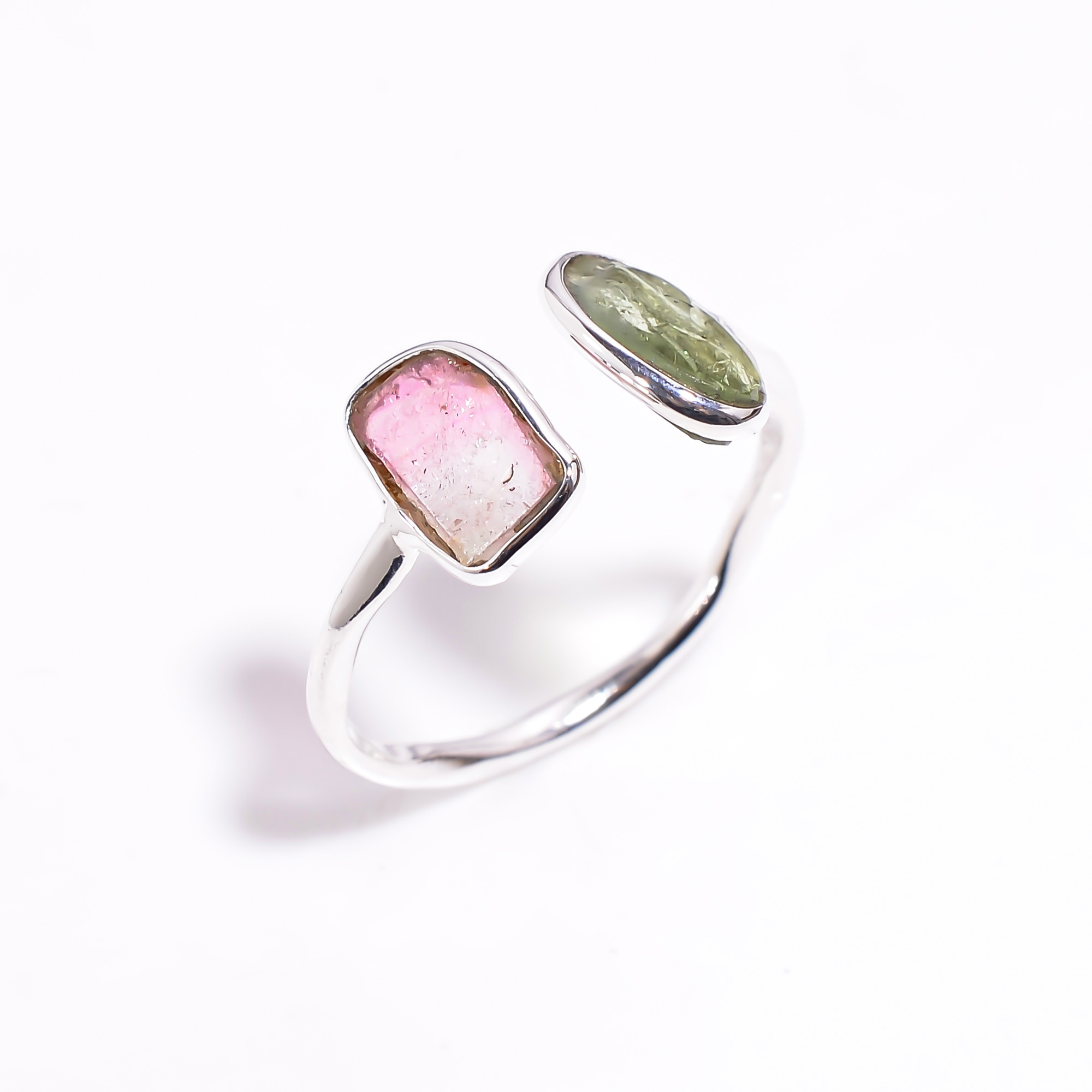 Watermelon Tourmaline Natural Gemstone 925 Sterling Silver Ring Size US 8 Adjustable