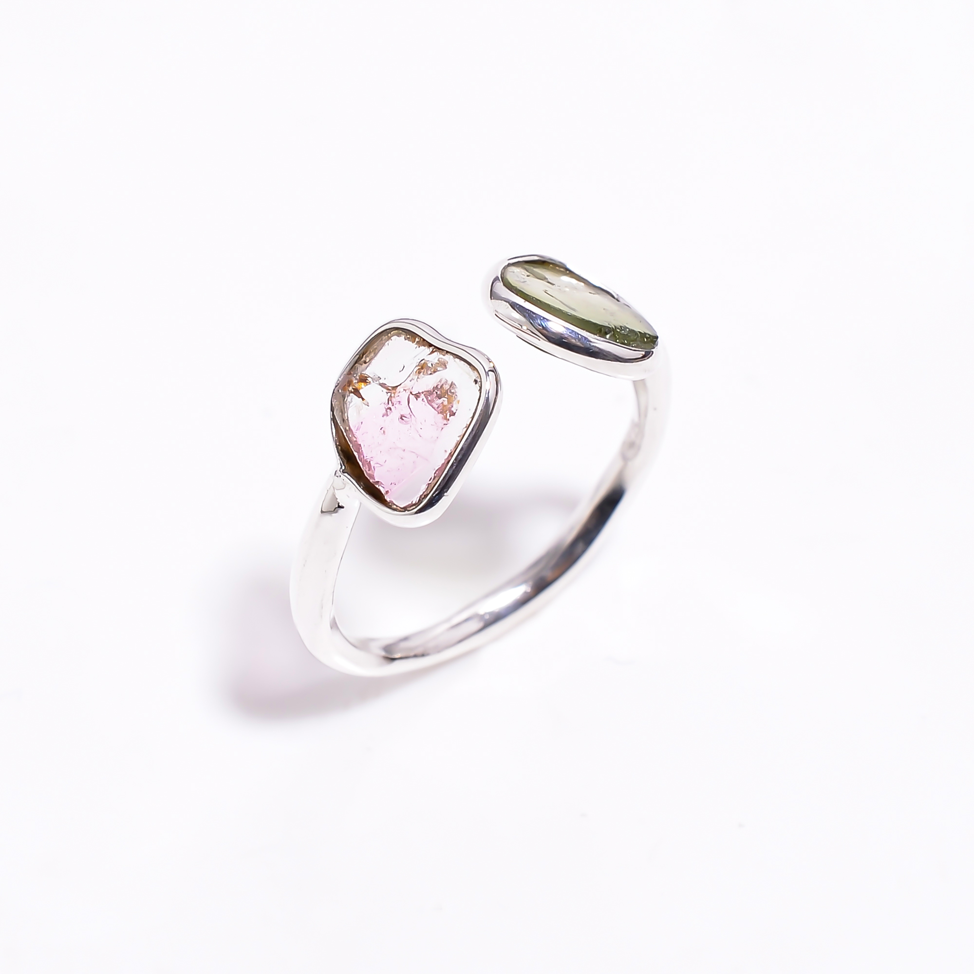 925 Sterling Silver Ring Size US 5 Adjustable Watermelon Tourmaline Natural Gemstone
