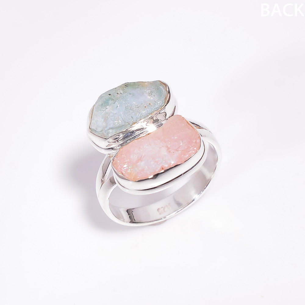 Image of Aquamarine Rose Quartz Raw Natural Gemstone 925 Sterling Silver Ring Size US 8