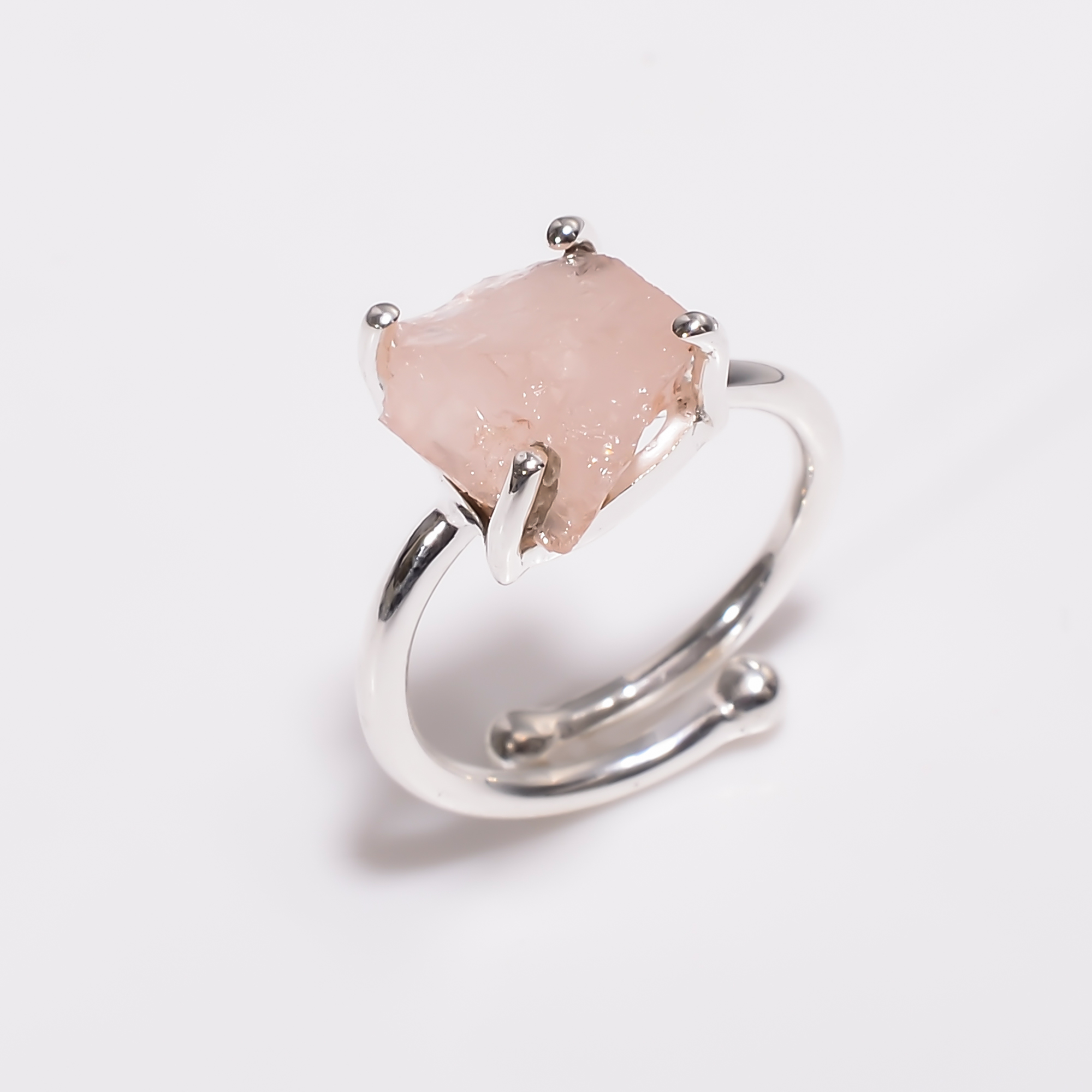 Rose Quartz Raw Gemstone 925 Sterling Silver Adjustable Ring