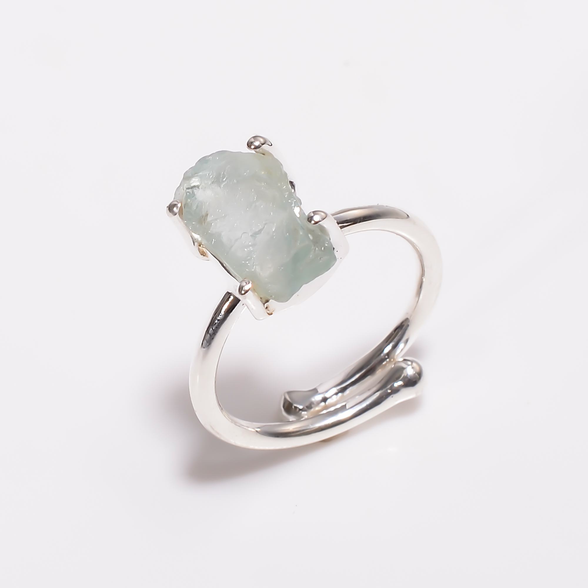 Aquamarine Raw Gemstone 925 Sterling Silver Ring Size US 8 Adjustable
