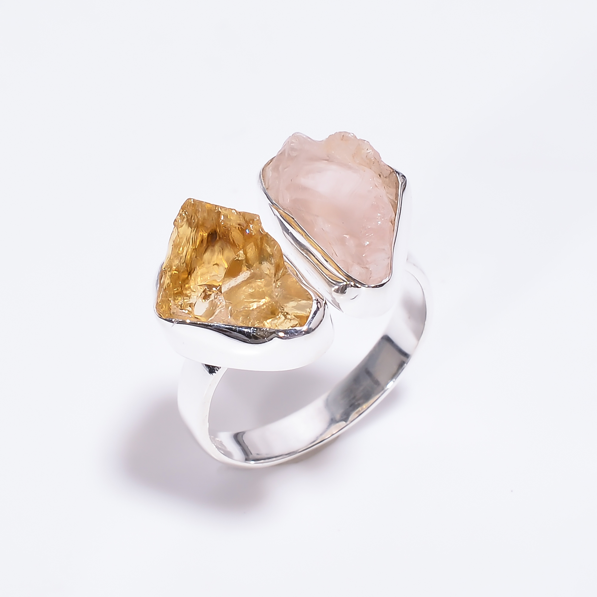 Citrine Rose Quartz Natural Raw Gemstone 925 Sterling Silver Adjustable Ring