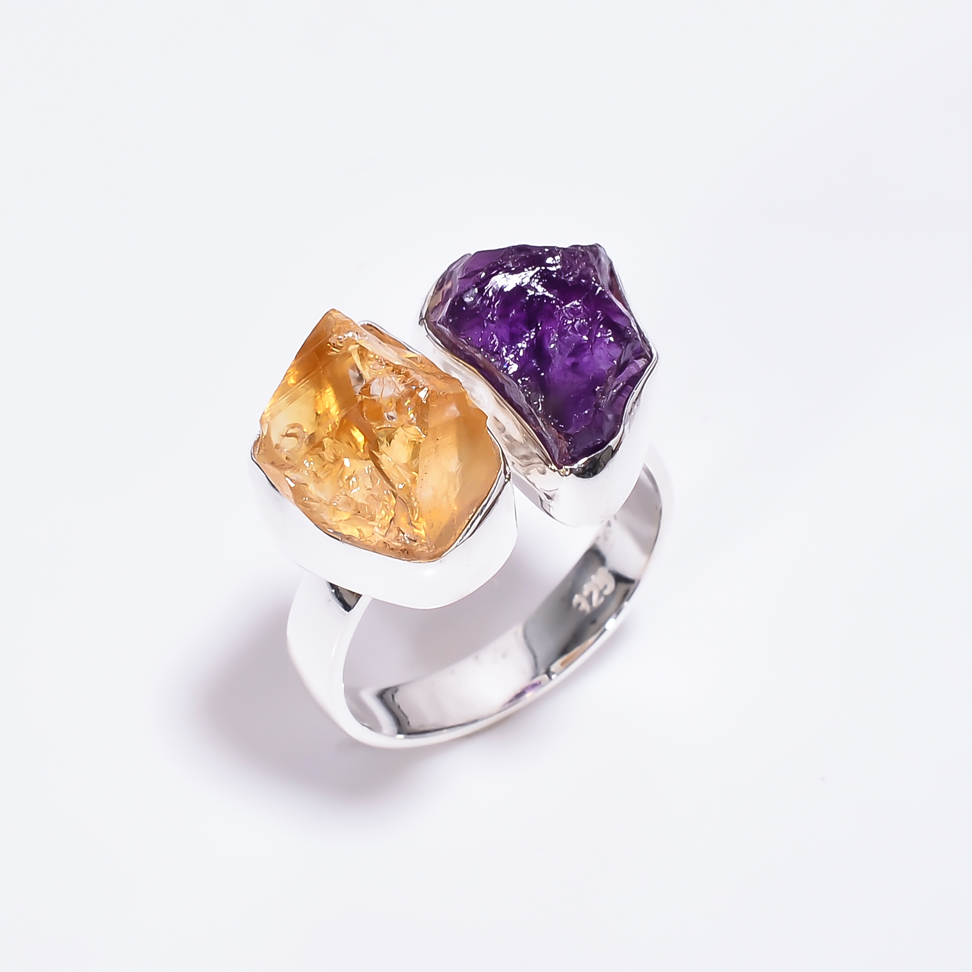 Natural Citrine Amethyst Raw Gemstone 925 Sterling Silver Adjustable Ring