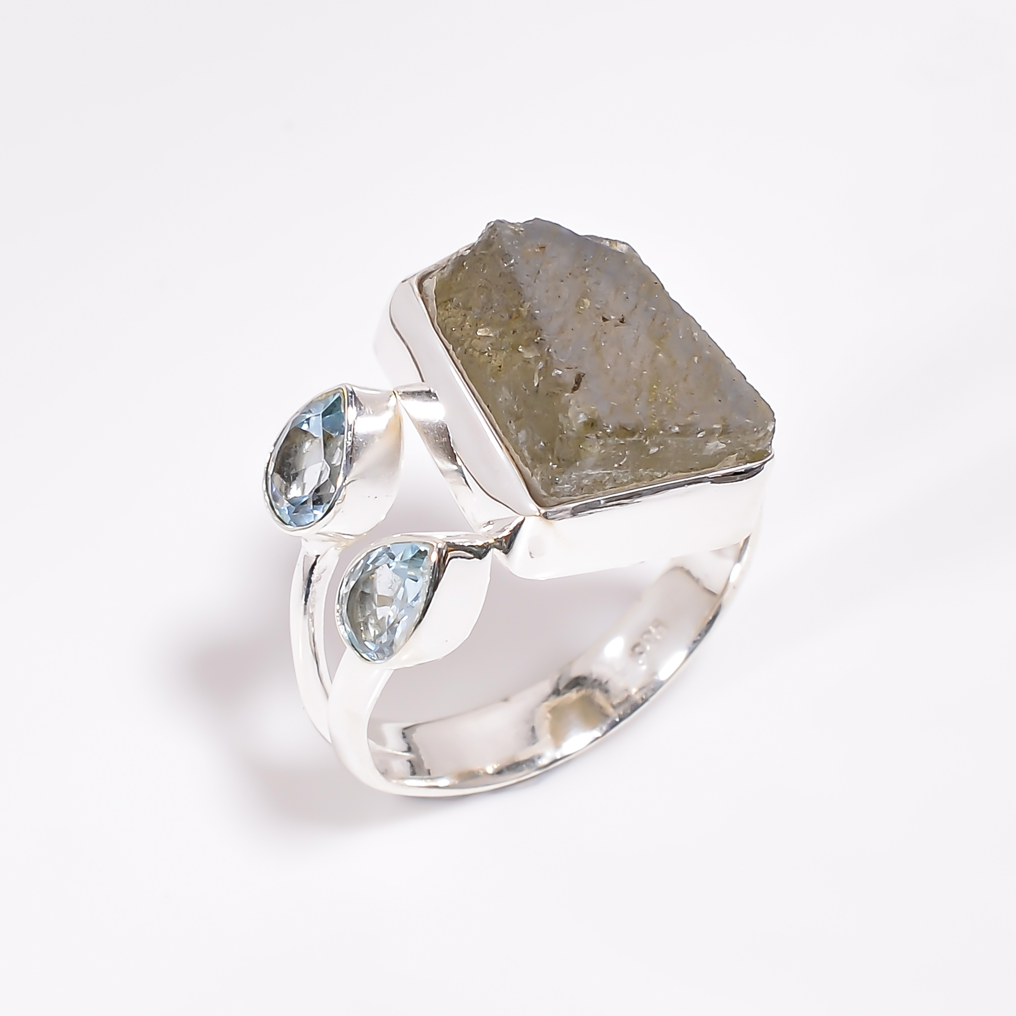 Natural Labradorite Blue Topaz Gemstone 925 Sterling Silver Adjustable Ring