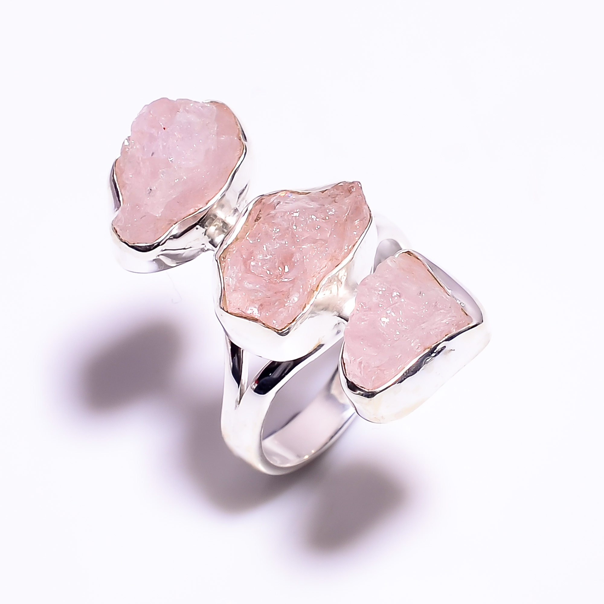 Natural Raw Rose Quartz Gemstone 925 Sterling Silver Adjustable Ring