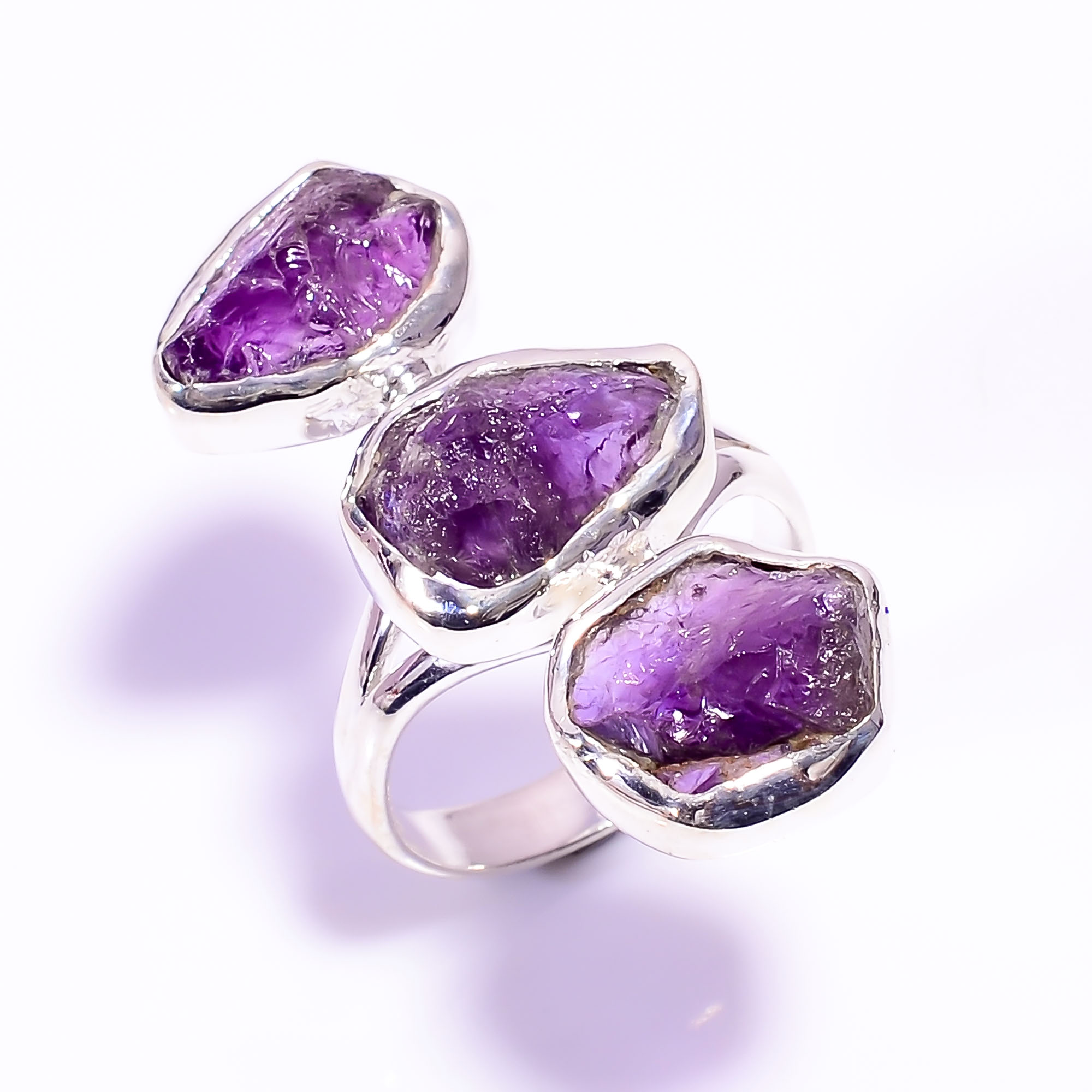 Natural Raw Amethyst Gemstone 925 Sterling Silver Adjustable Ring