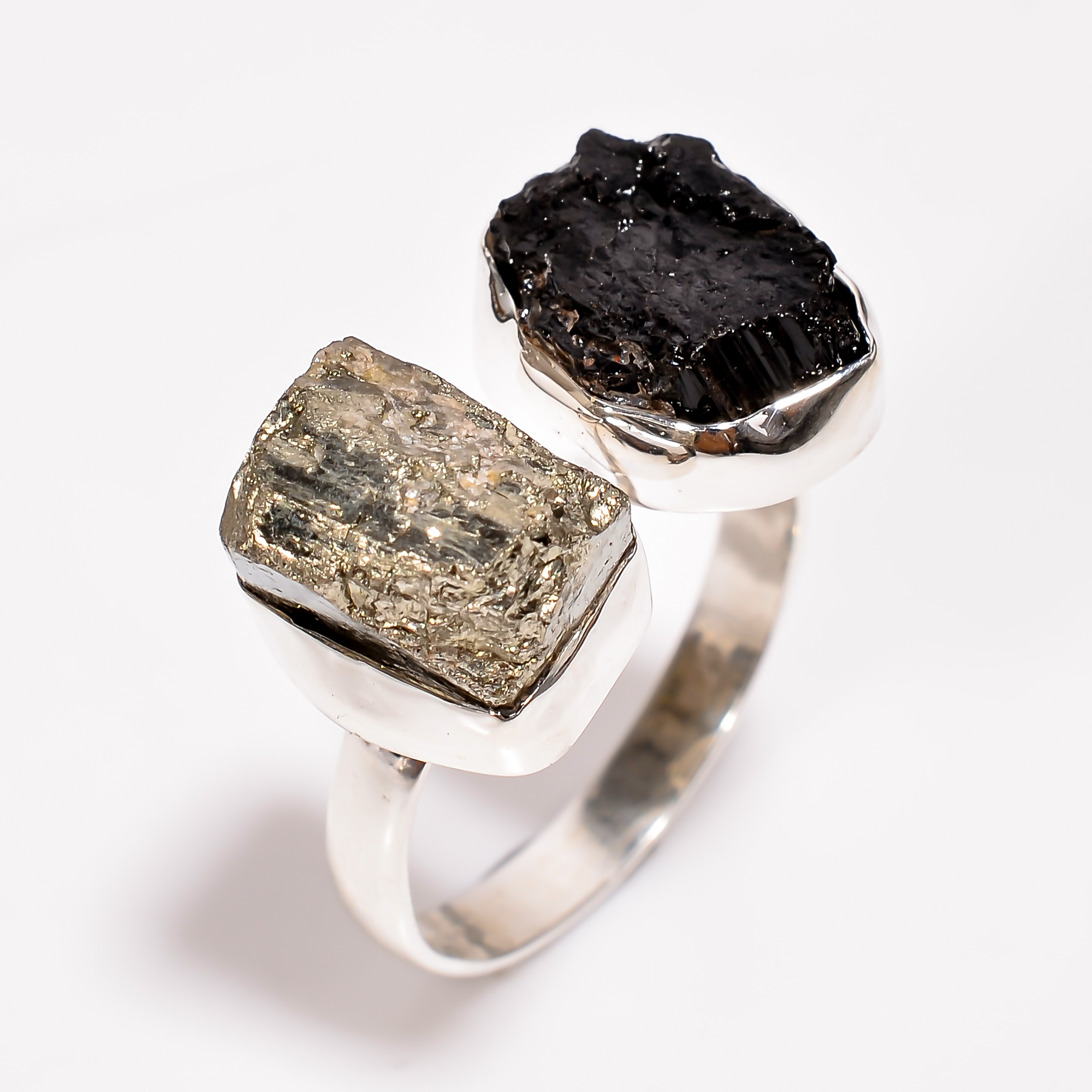 Natural Black Tourmaline Pyrite Raw Gemstone 925 Sterling Silver Adjustable Ring Size US 10