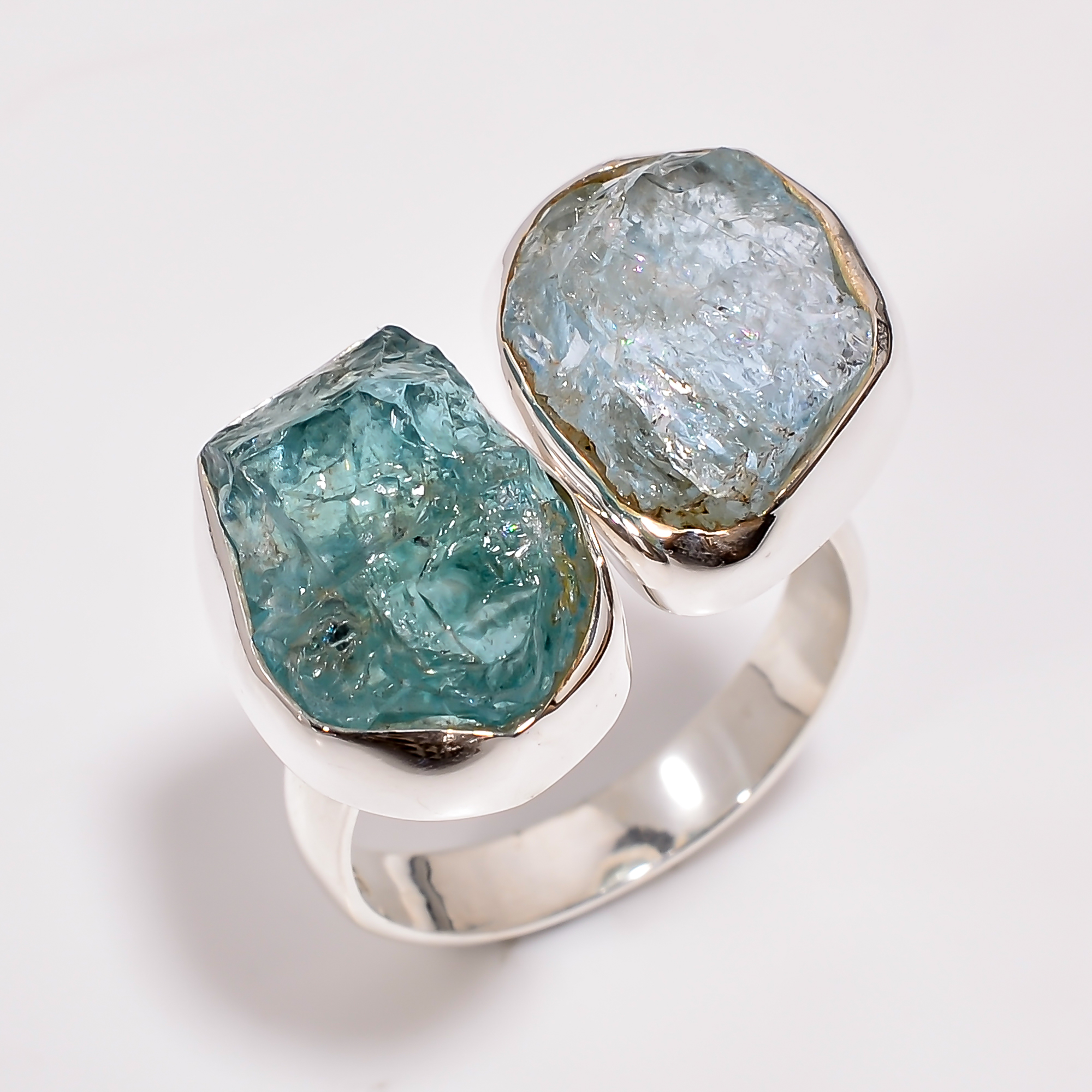 925 Sterling Silver Adjustable Ring Natural Aquamarine Sky Apatite Raw Gemstone