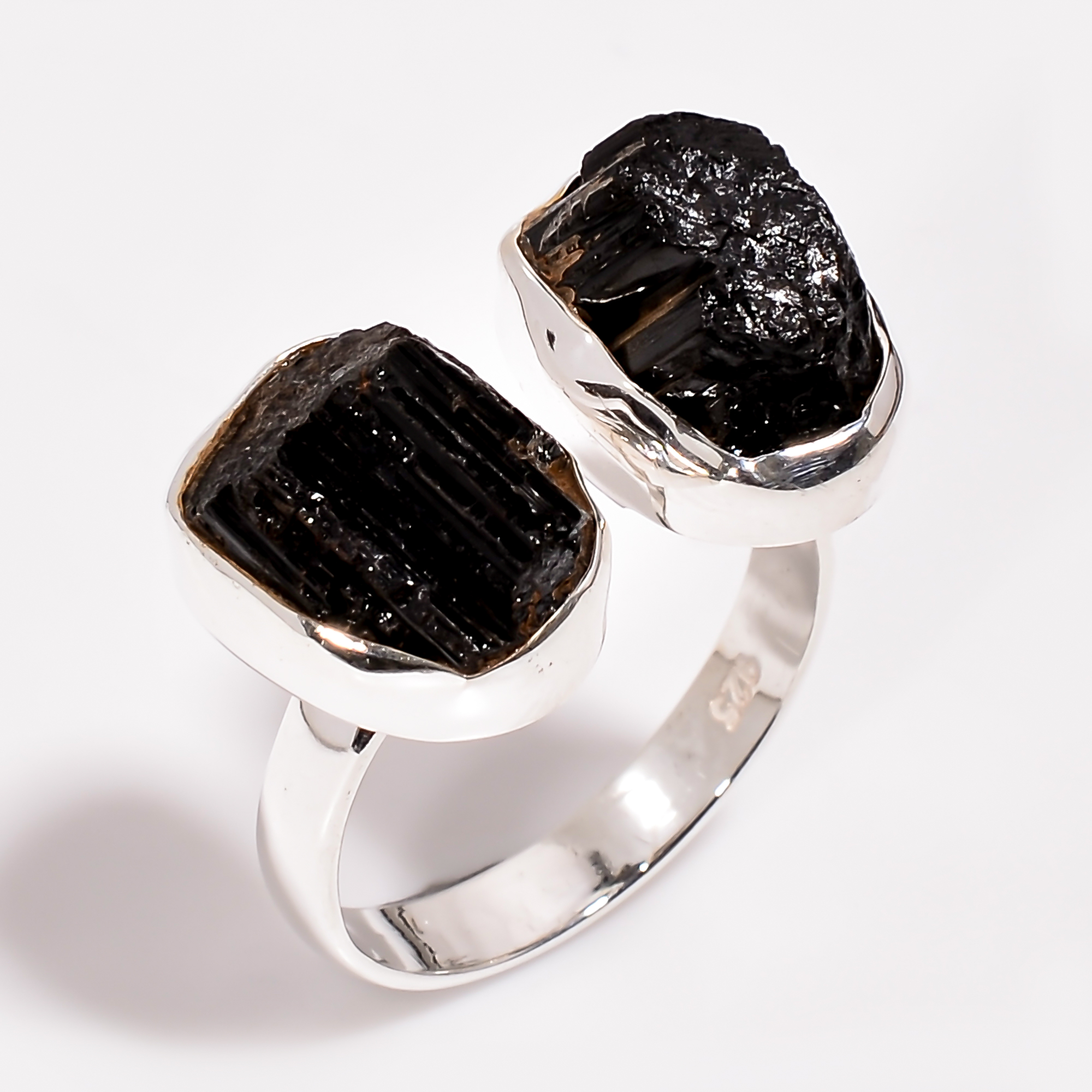 Natural Black Tourmaline Raw Gemstone 925 Sterling Silver Adjustable Ring