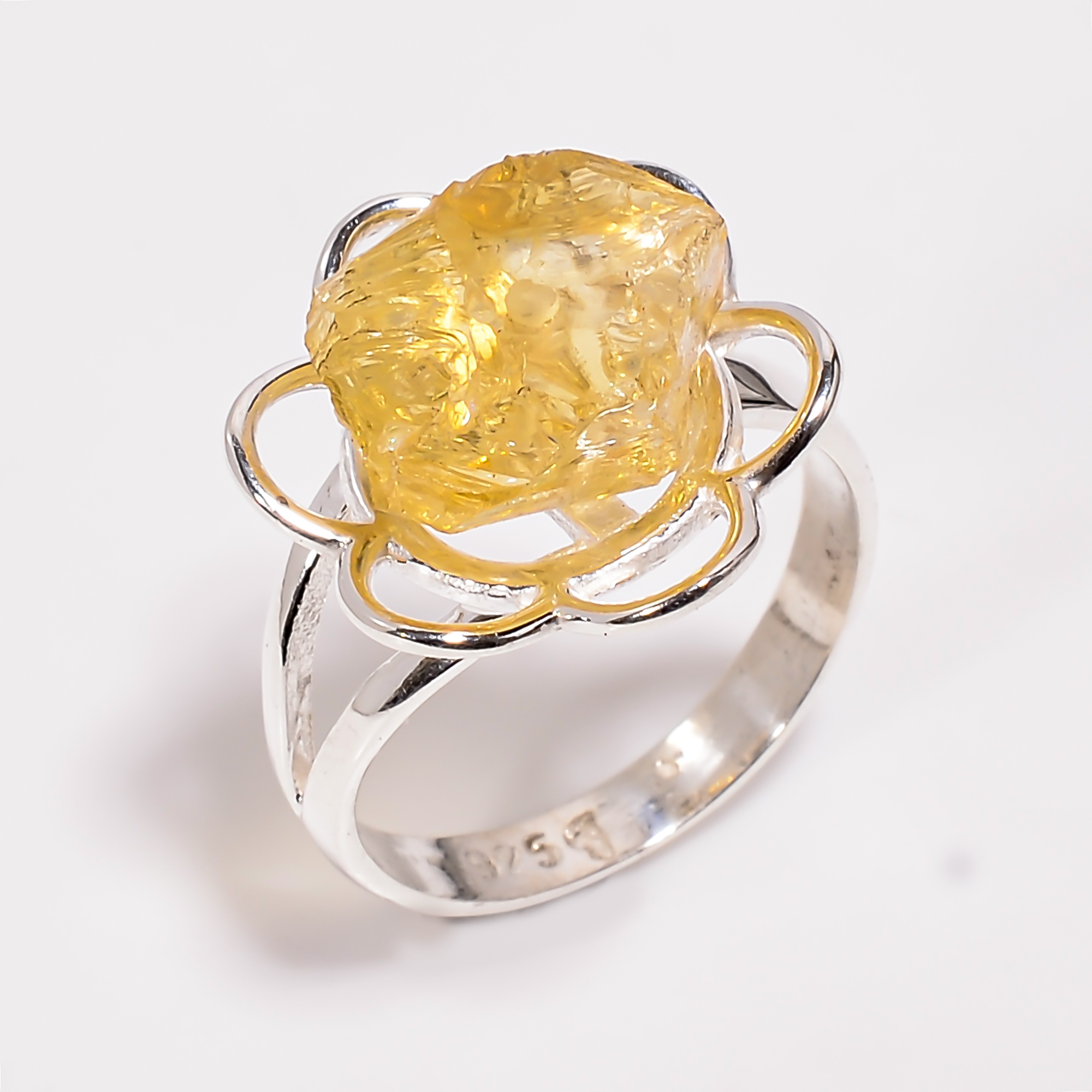 Natural Raw Citrine Gemstone 925 Sterling Silver Adjustable Ring Size US 65