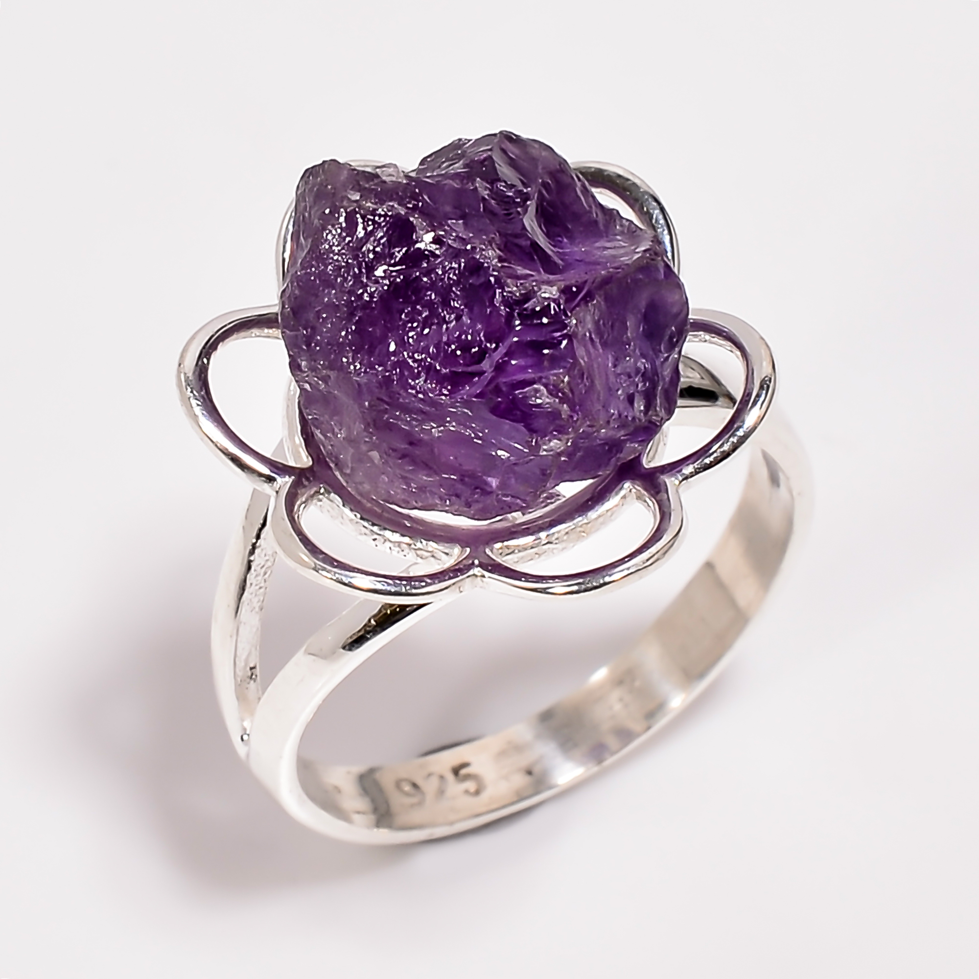 Natural Raw Amethyst Gemstone 925 Sterling Silver Adjustable Ring Size US 7