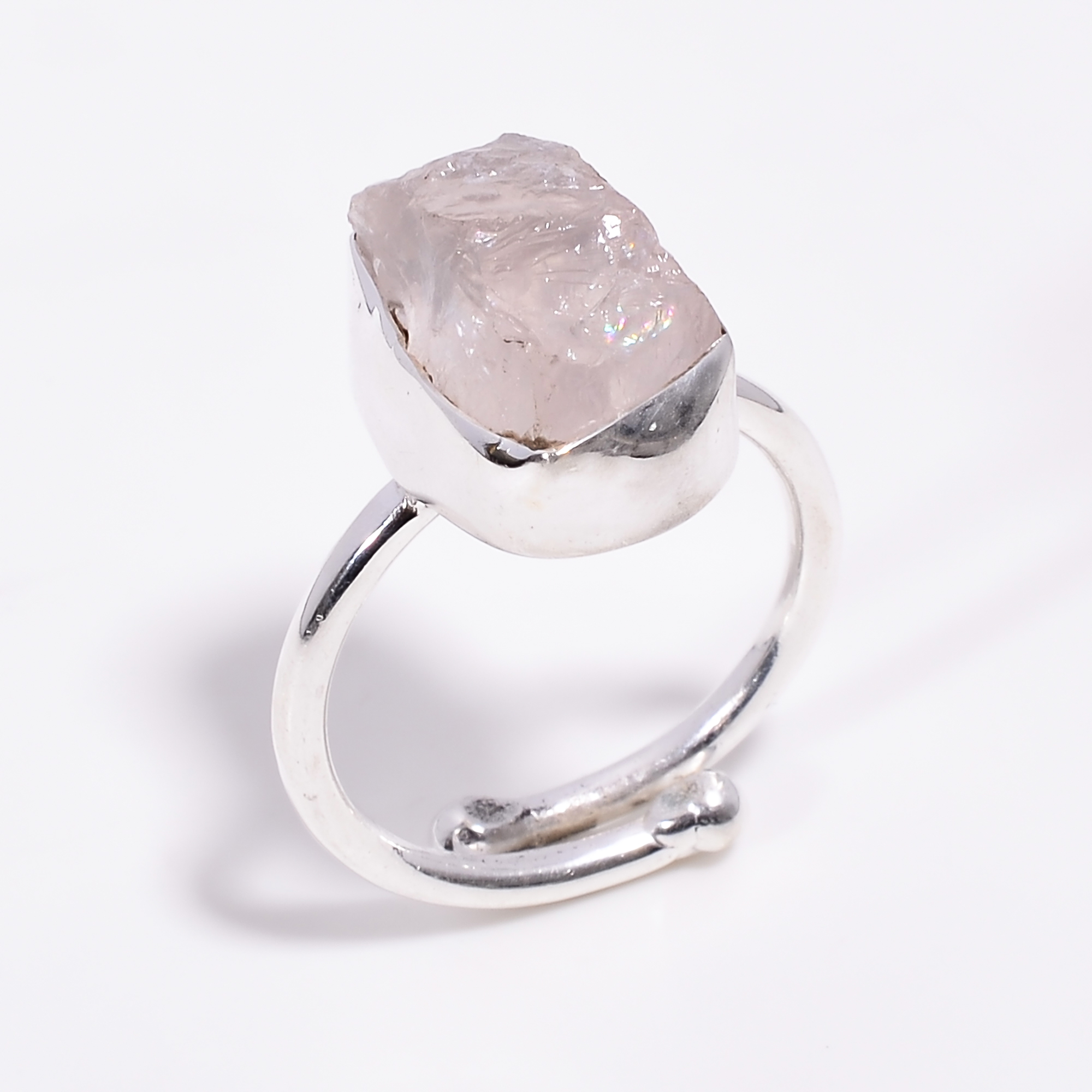 Rose Quartz Raw Gemstone 925 Sterling Silver Ring Adjustable