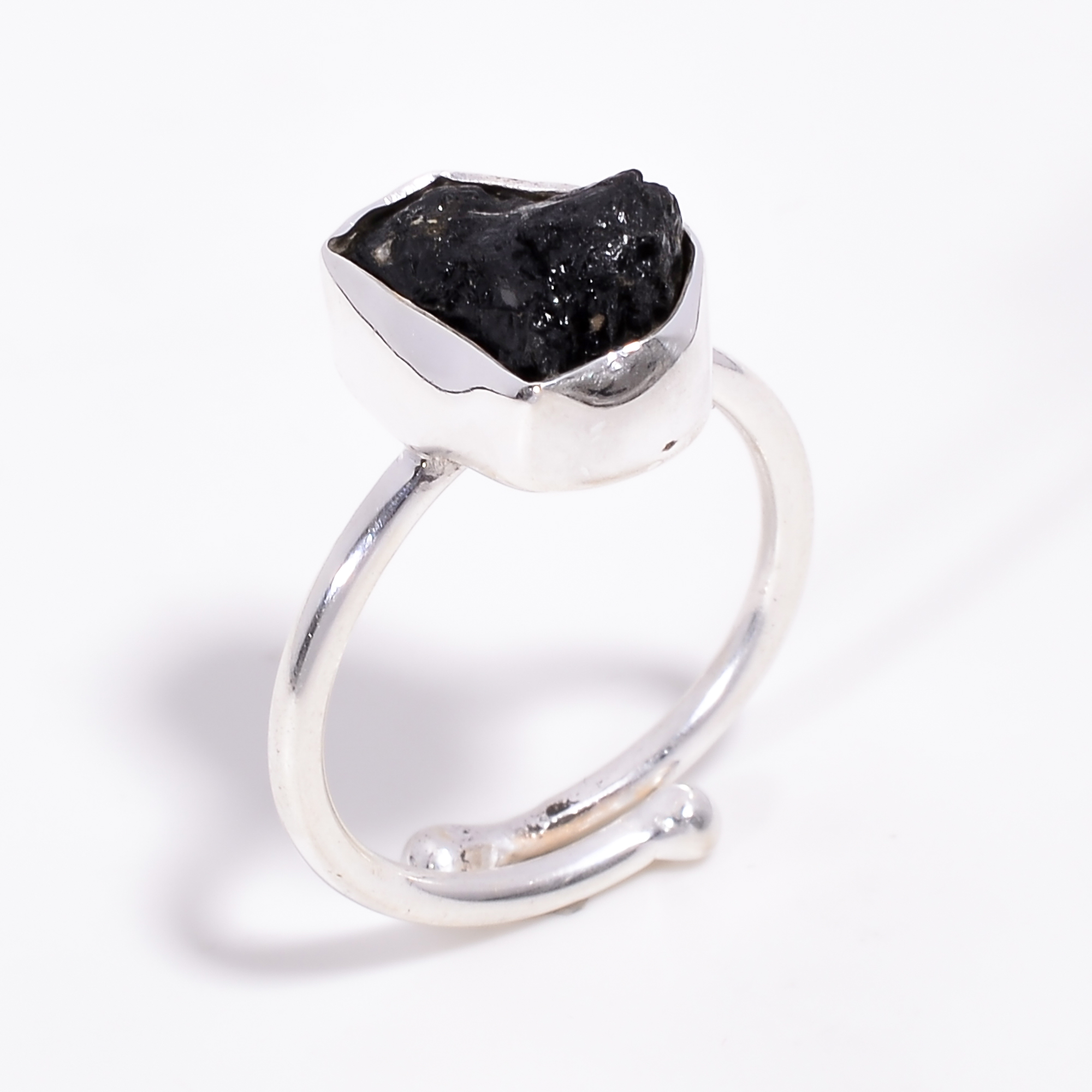 Black Tourmaline Raw Gemstone 925 Sterling Silver Ring Adjustable