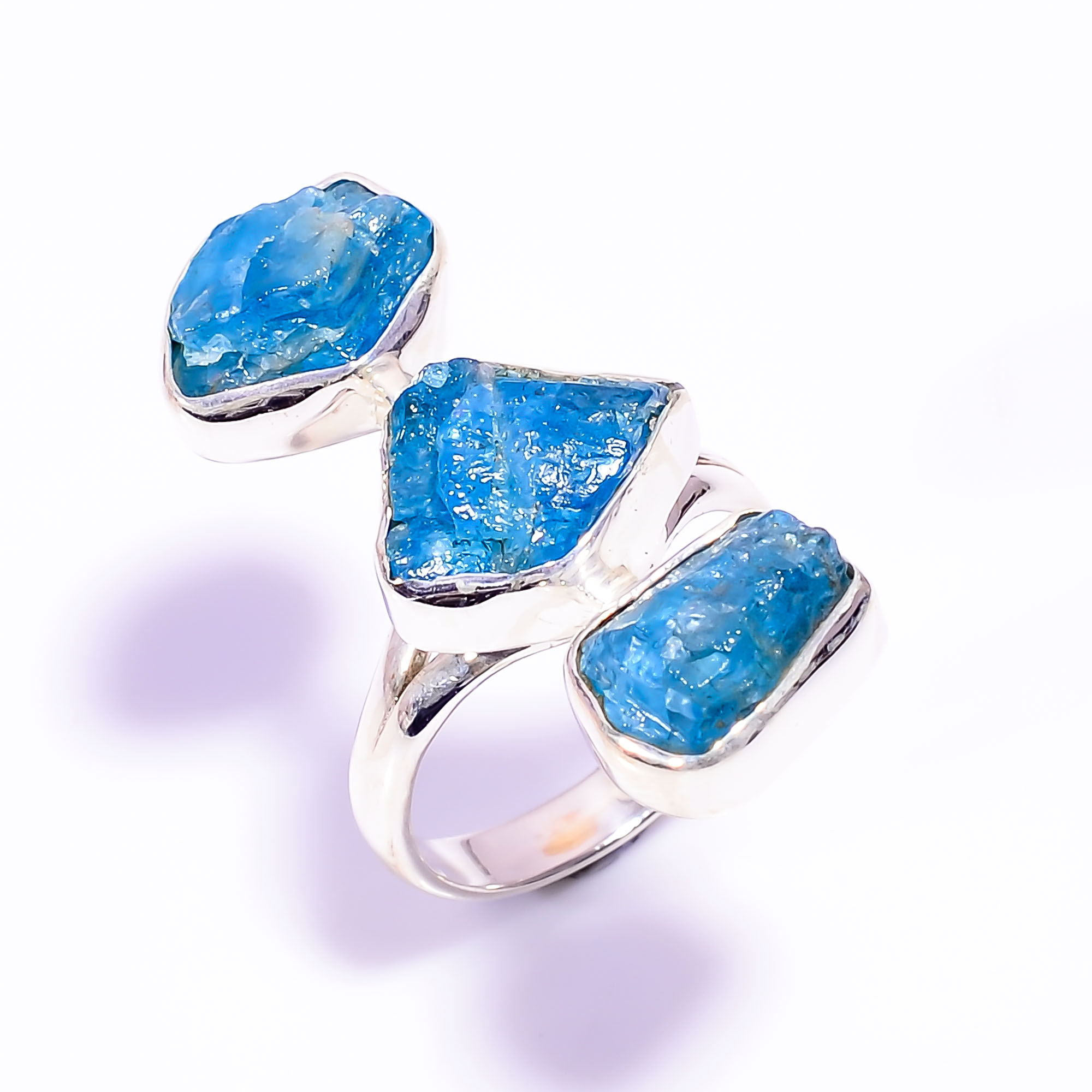 Natural Raw Neon Apatite Gemstone 925 Sterling Silver Adjustable Ring