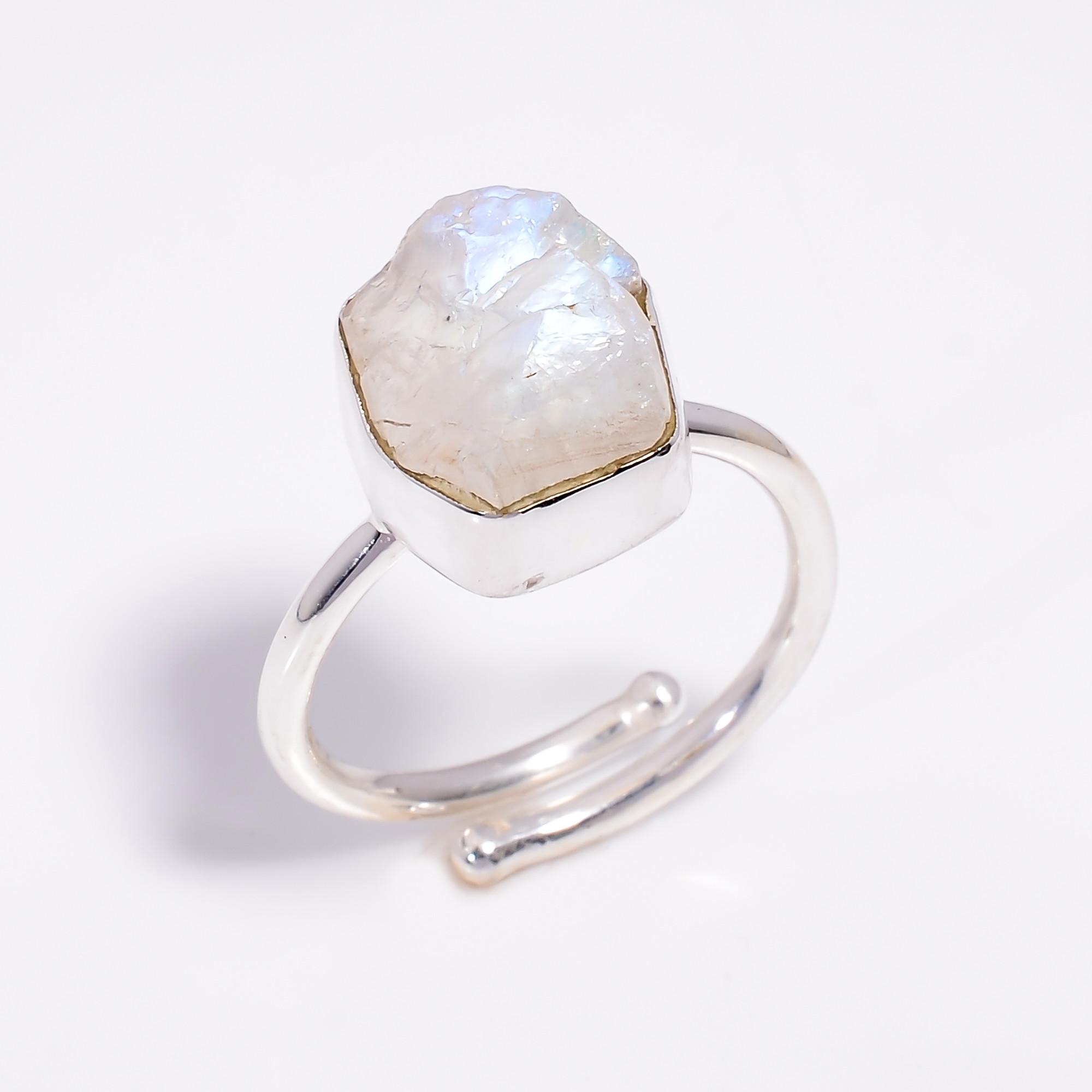 Natural Raw Rainbowe Moonstone 925 Sterling Silver Ring Adjustable