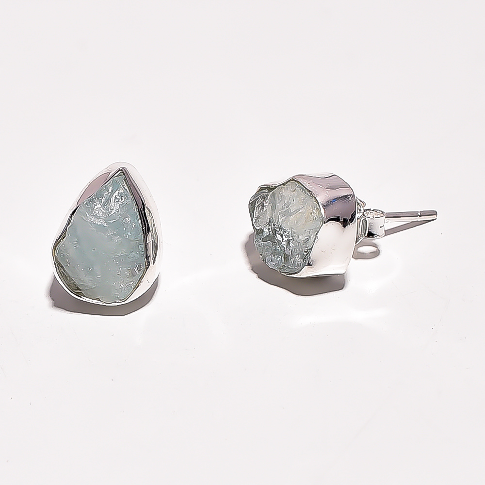 Raw Aquamarine Gemstone 925 Sterling Silver Stud Earrings