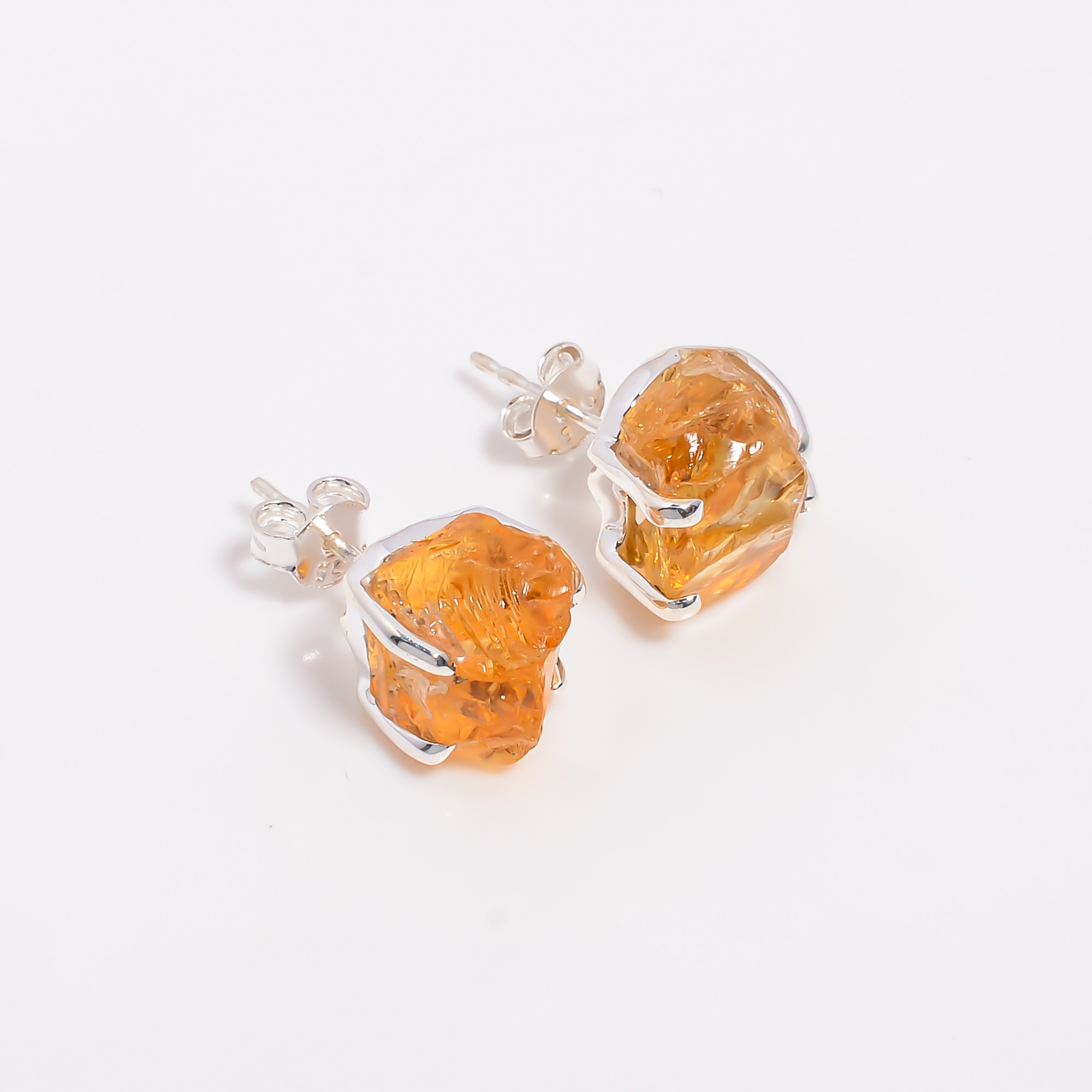 Raw Citrine Gemstone 925 Sterling Silver Stud Earrings