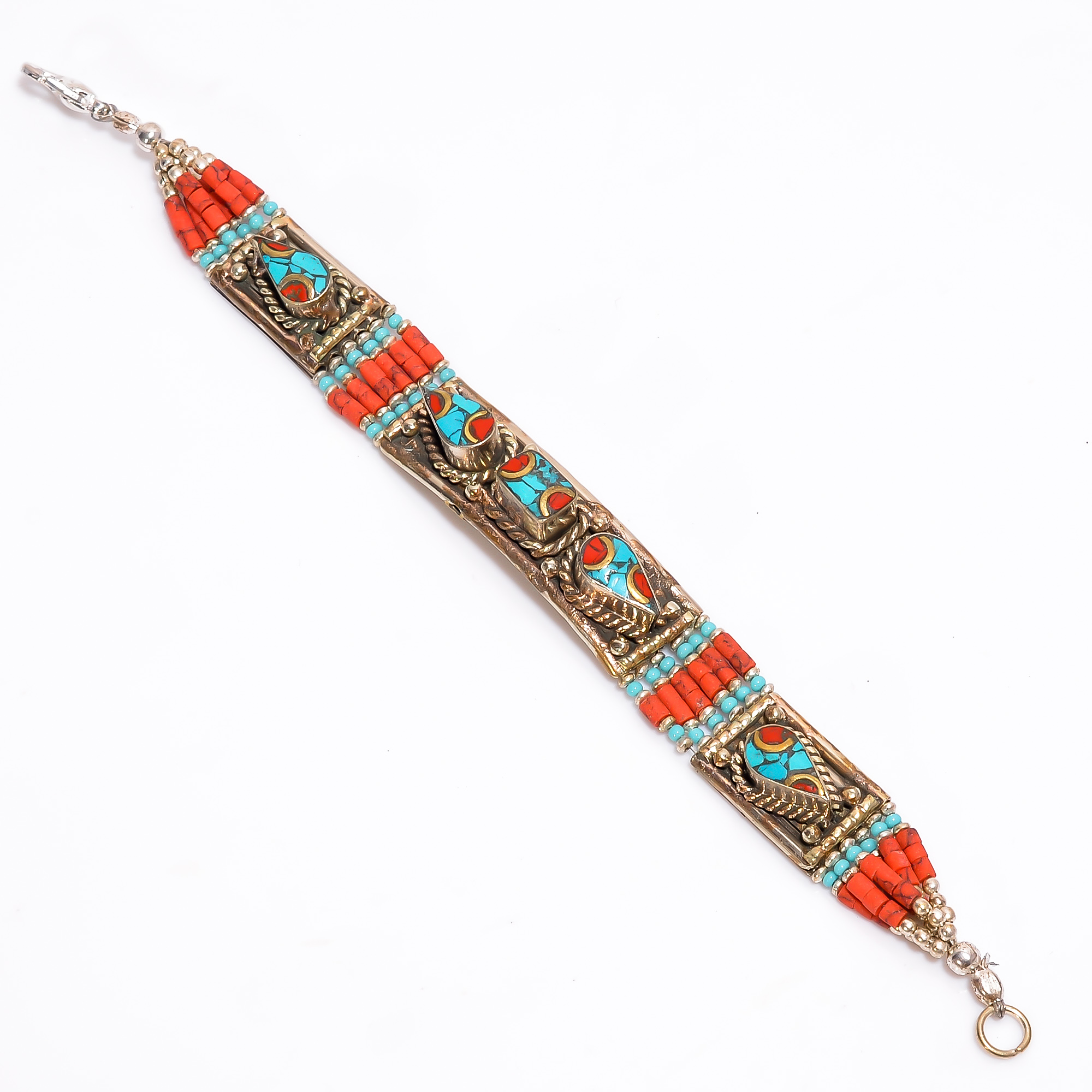 Coral Turquoise Gemstone Tibetan Silver Fashion Bracelet