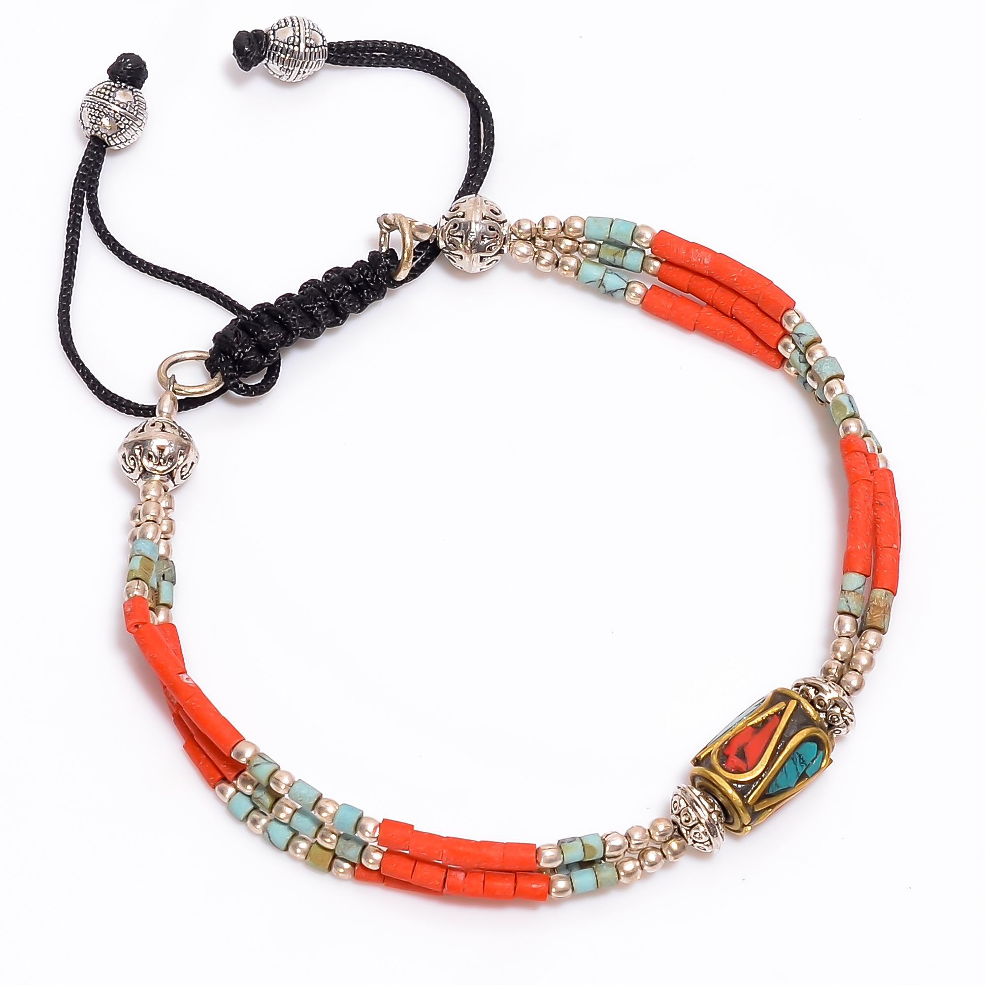 Turquoise Coral Gemstone Tibetan Silver Fashion Bracelet Adjustable