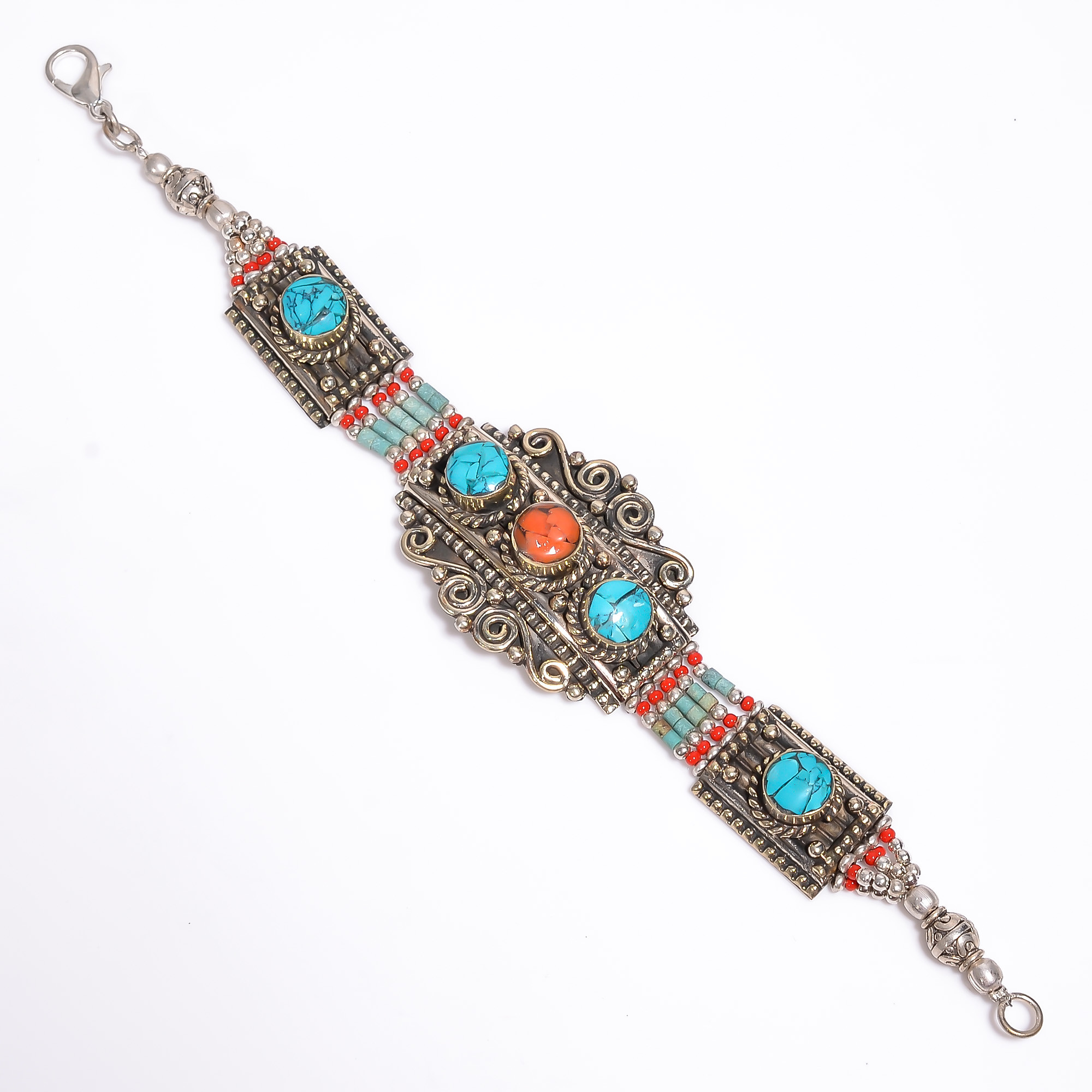 Turquoise Coral Gemstone Tibetan Silver Fashion Bracelet