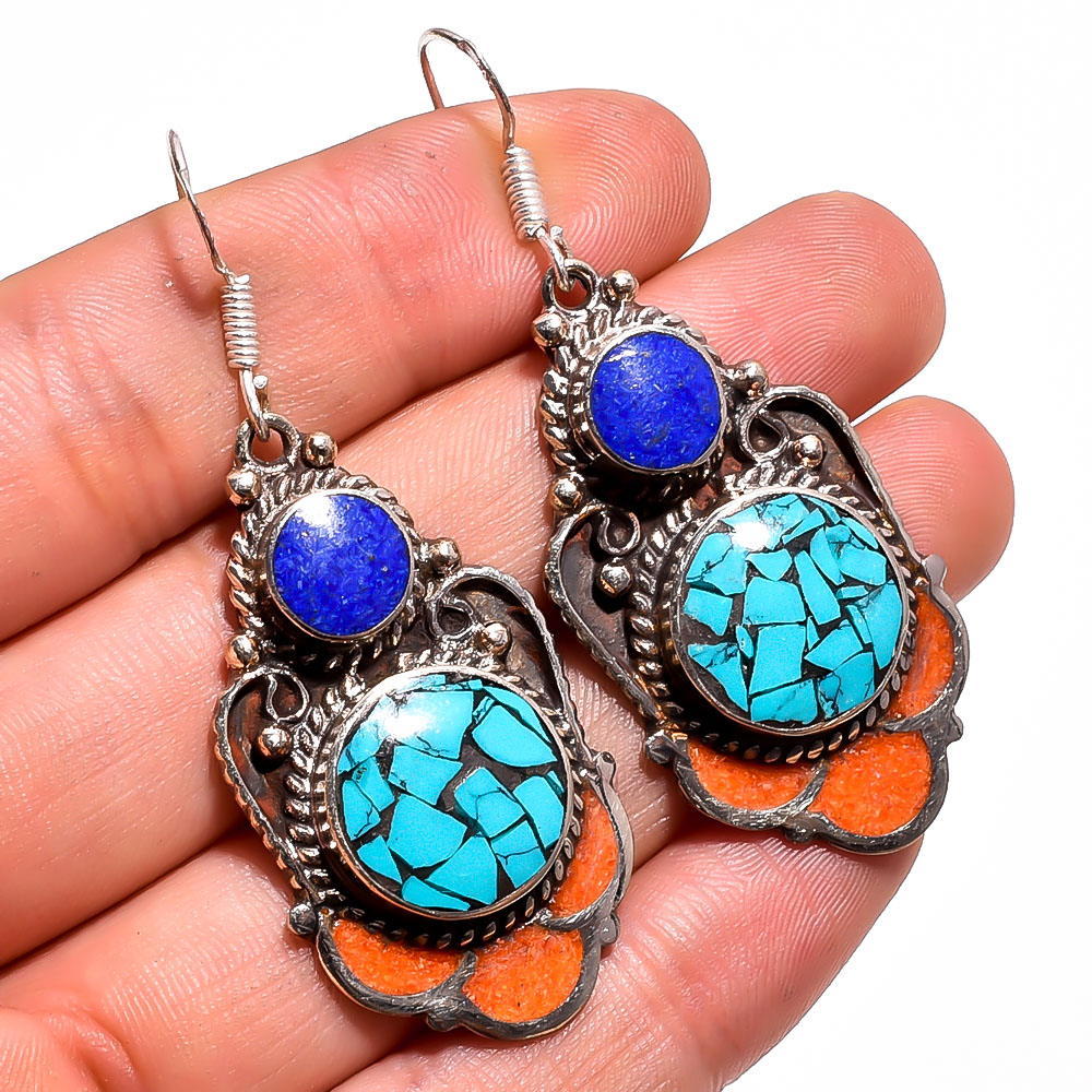 Tibetan Silver Earrings Turquoise Coral Gemstone Fashion Earrings