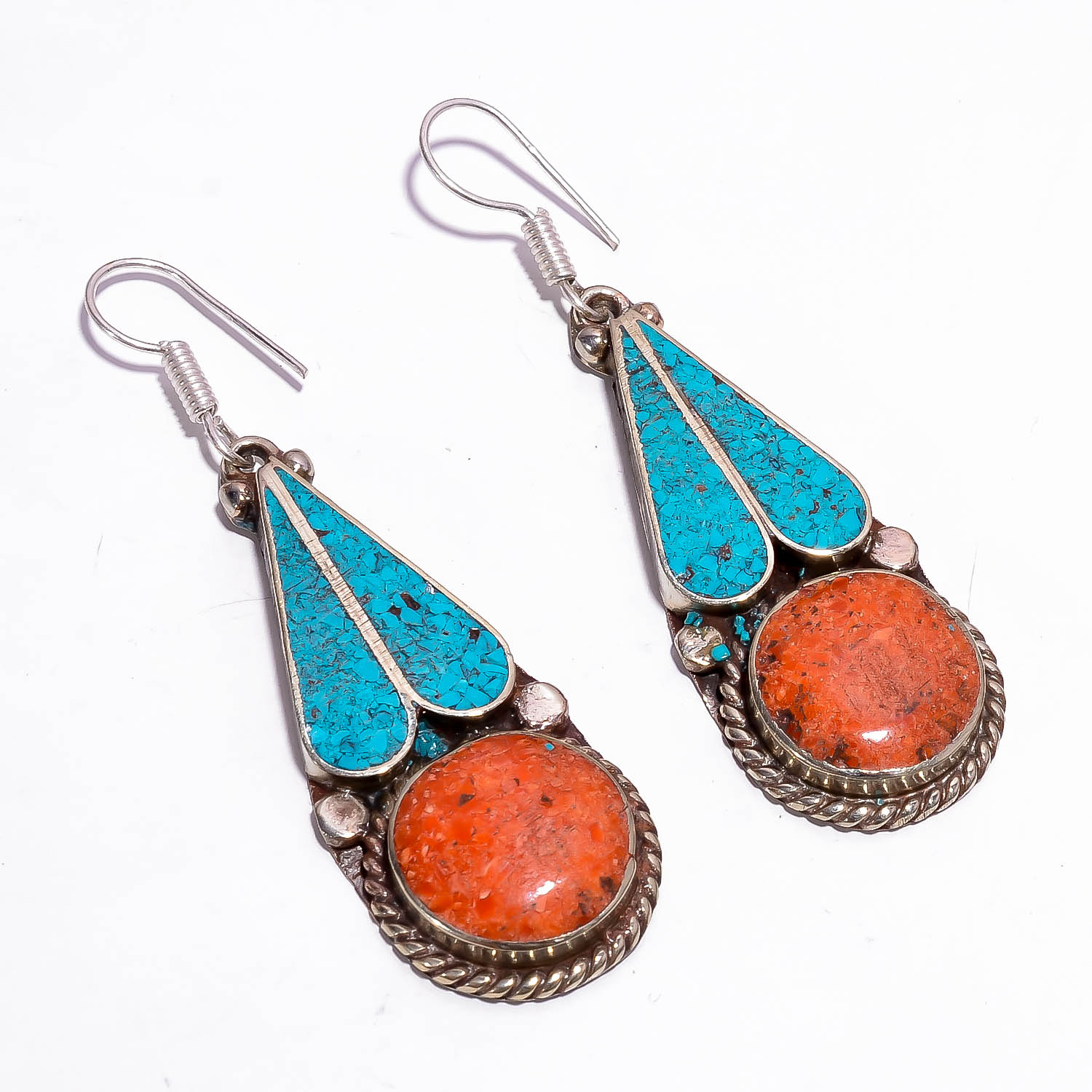 Tibetan Silver Earrings Turquoise Coral Gemstone Fashion Earrings