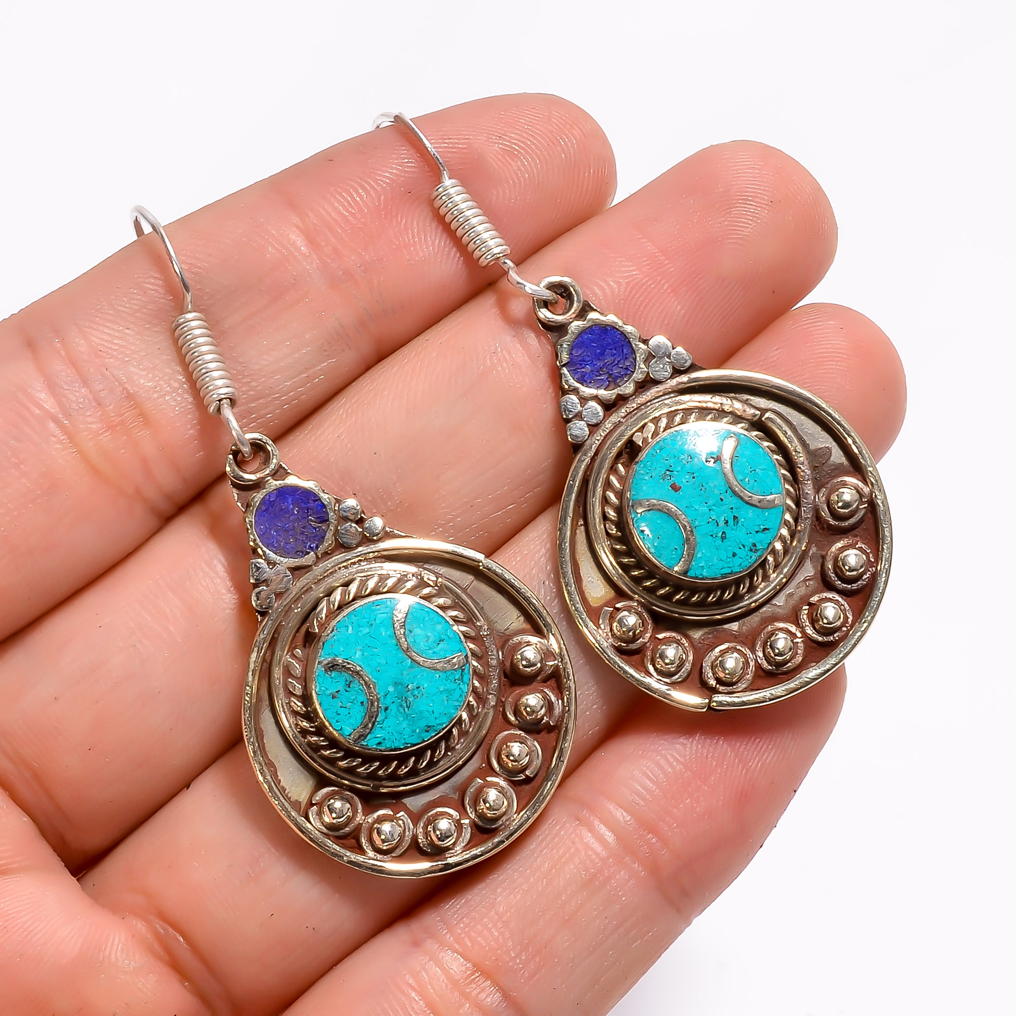 Tibetan Silver Earrings Turquoise Lapis Gemstone Fashion Earrings