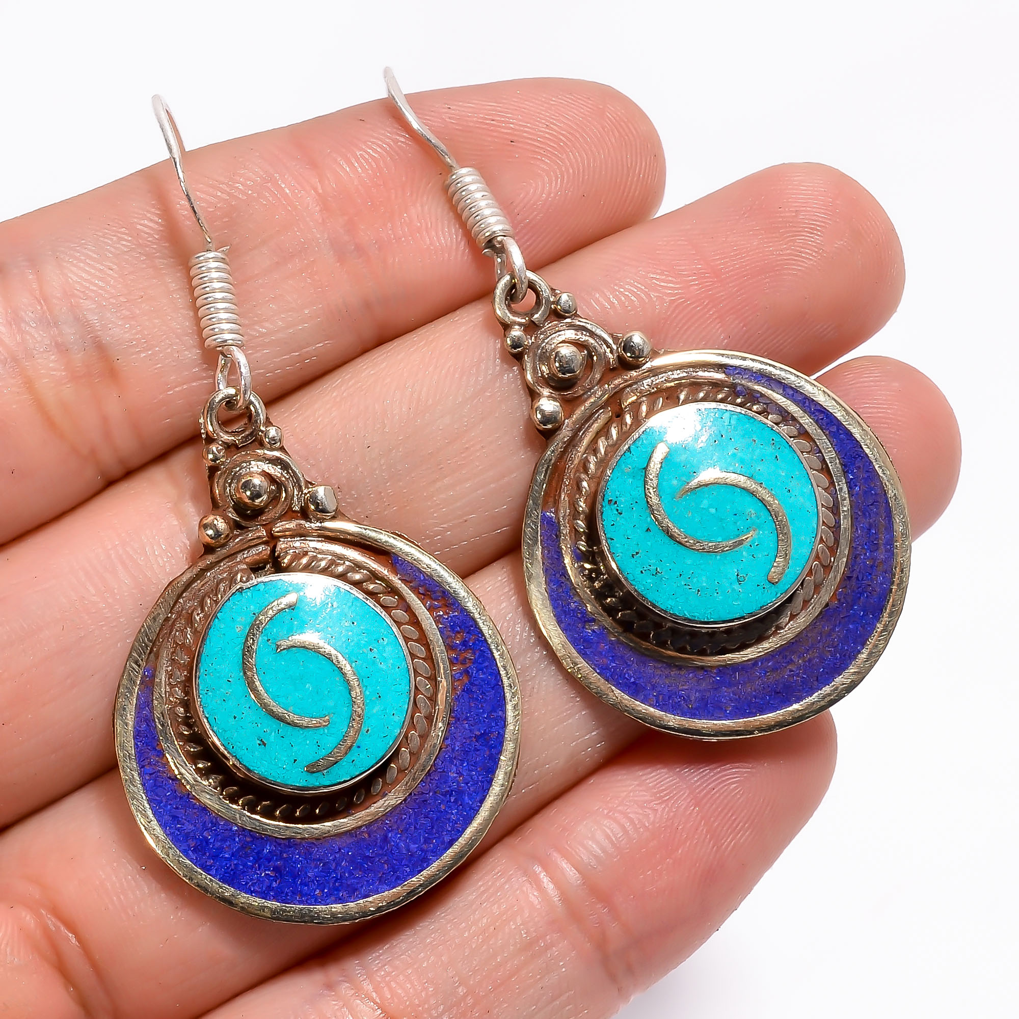 Tibetan Silver Earrings Turquoise Lapis Gemstone Fashion Earrings