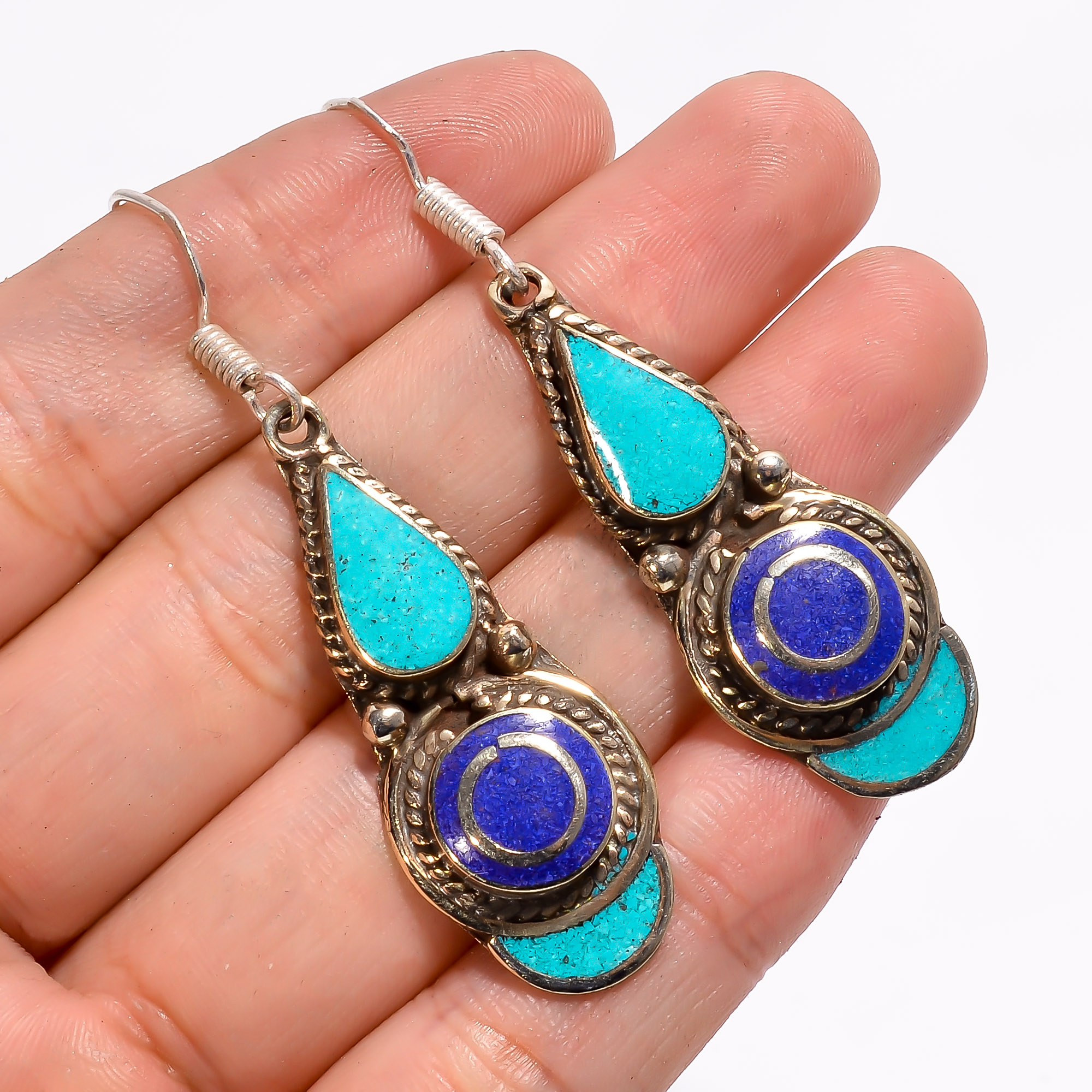 Tibetan Silver Earrings Turquoise Lapis Gemstone Fashion Earrings