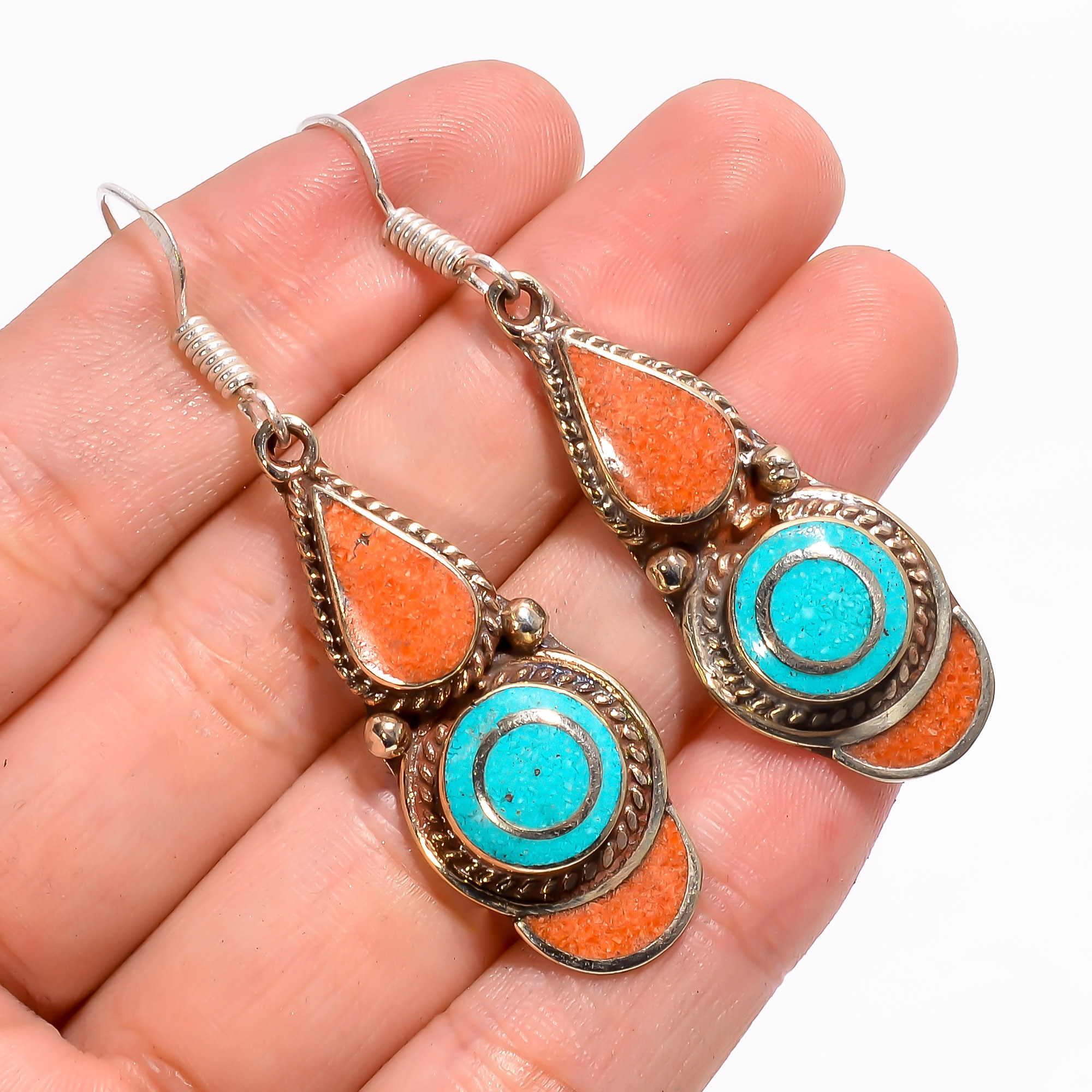 Tibetan Silver Earrings Turquoise Coral Gemstone Fashion Earrings