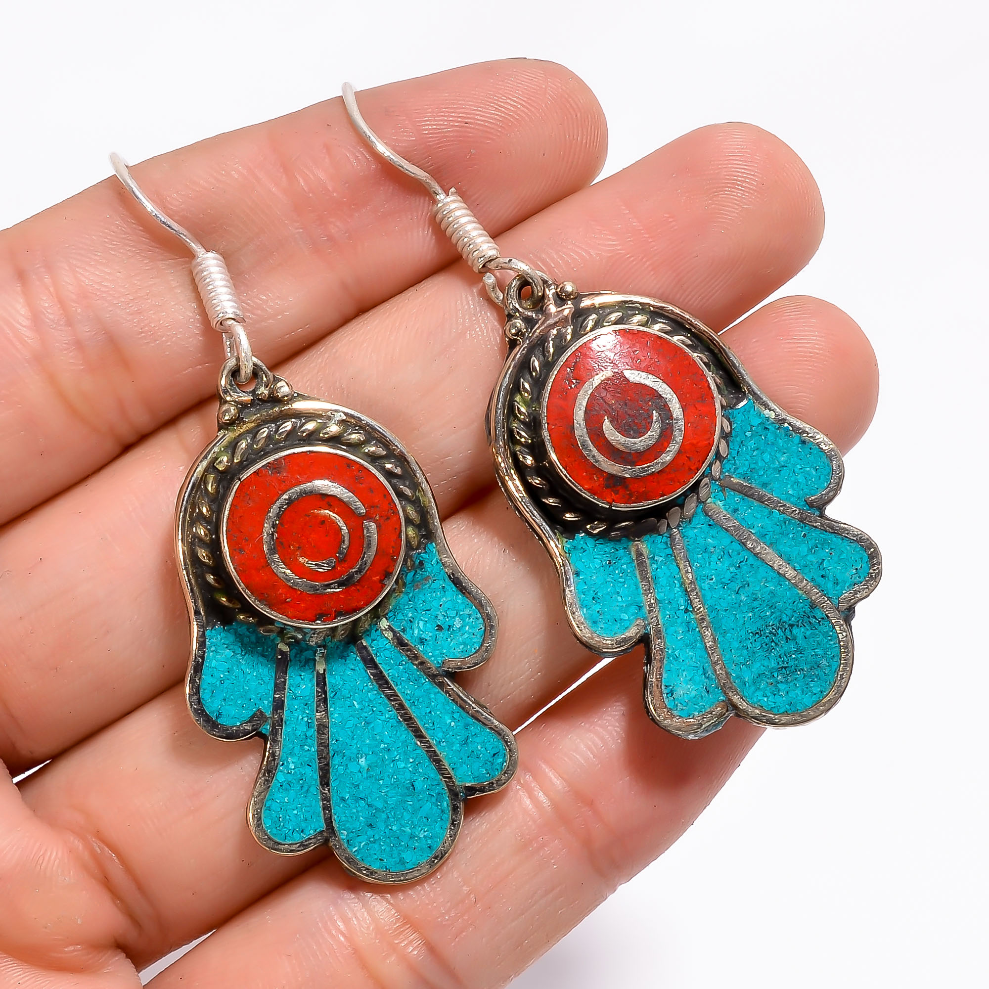 Tibetan Silver Earrings Turquoise Coral Gemstone Fashion Earrings