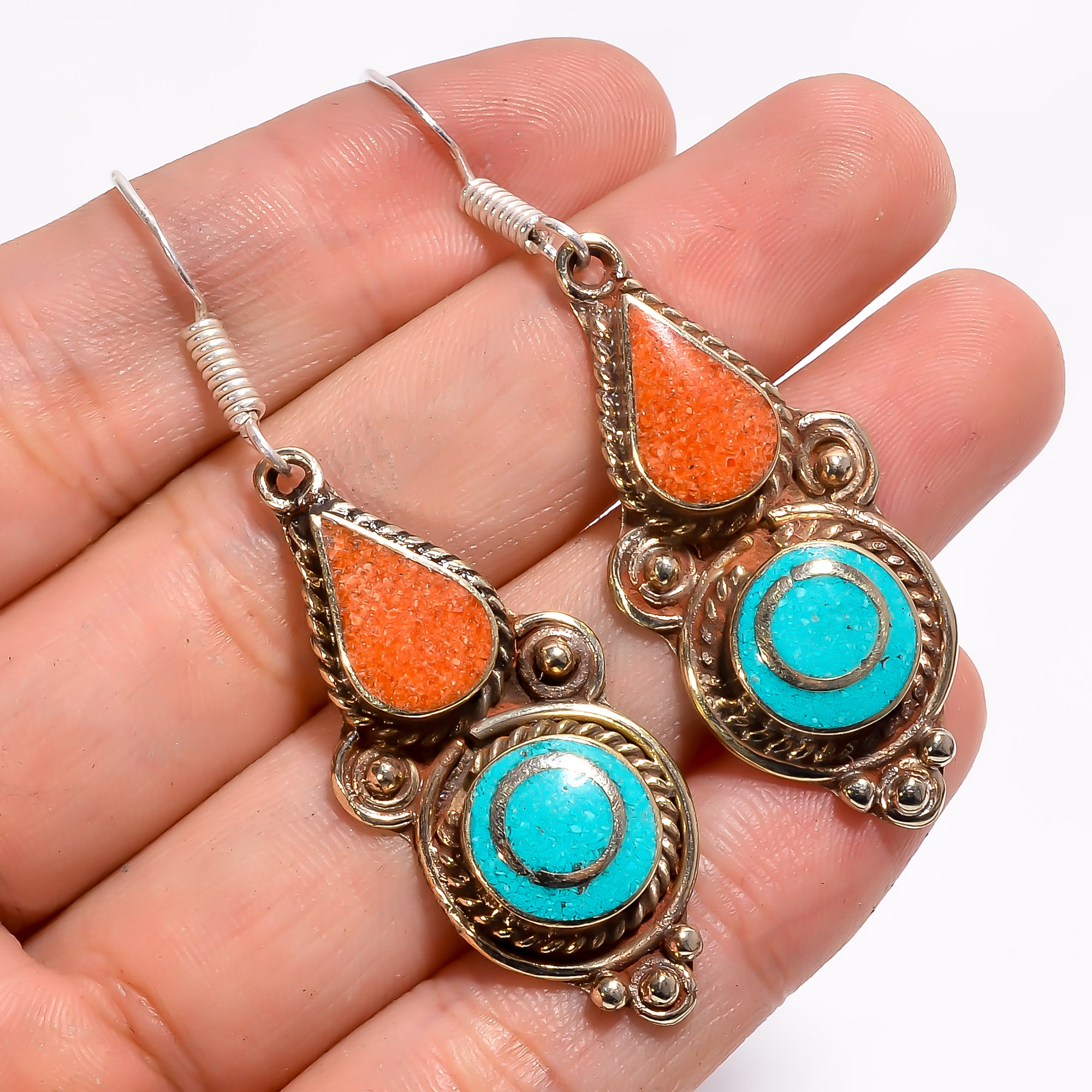 Tibetan Silver Earrings Turquoise Coral Gemstone Fashion Earrings