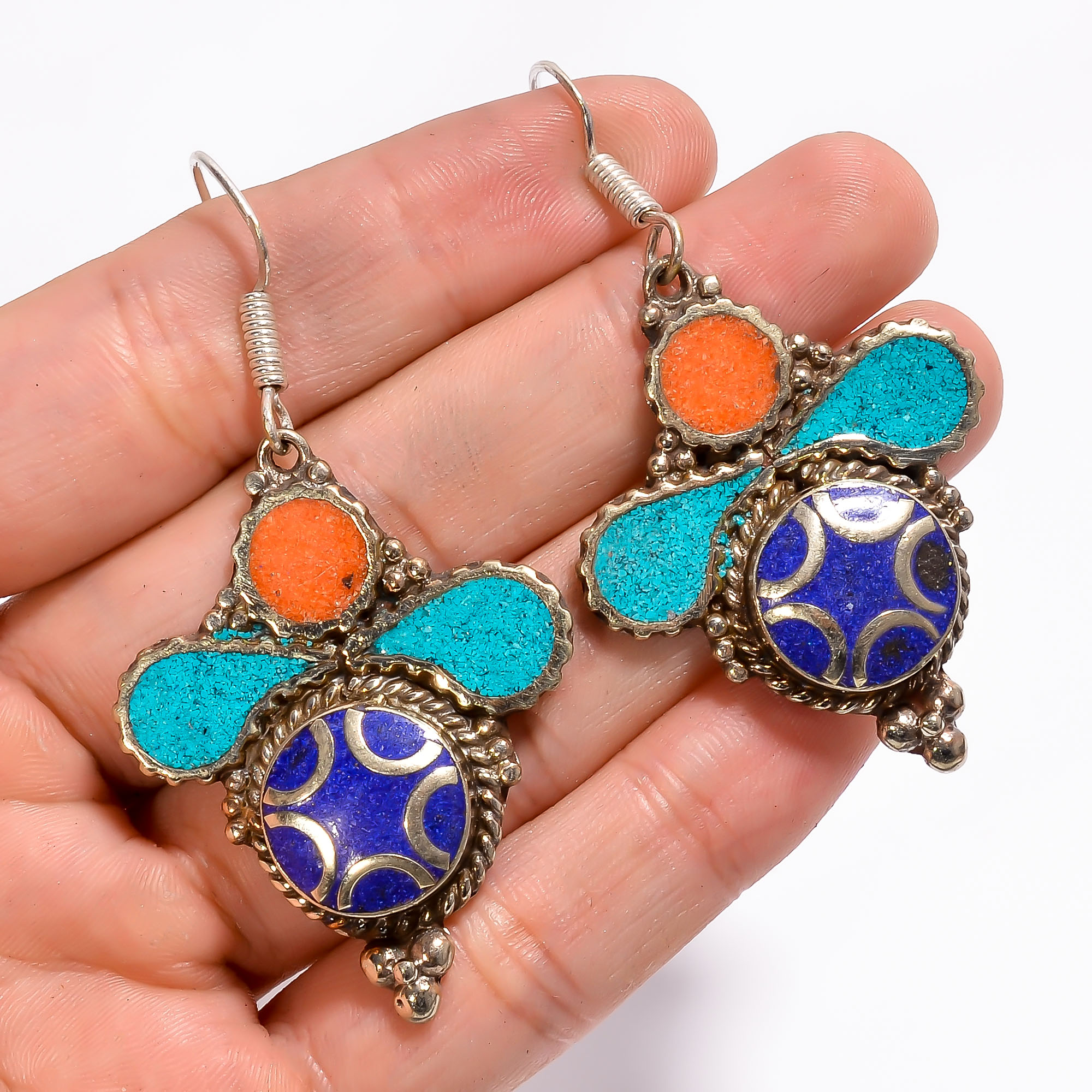 Tibetan Silver Earrings Lapis Turquoise Gemstone Fashion Earrings